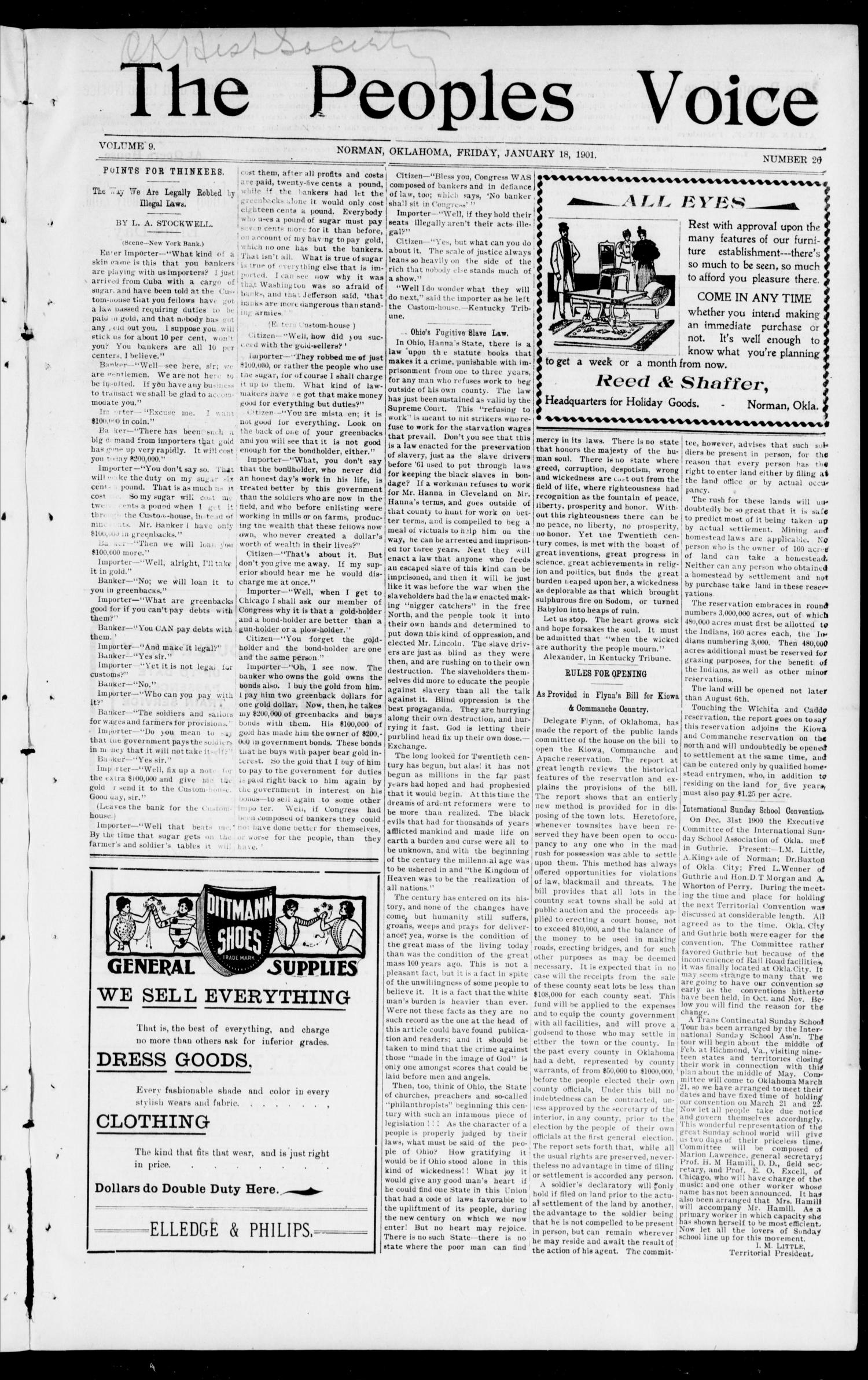 The Peoples Voice (Norman, Okla.), Vol. 9, No. 26, Ed. 1 Friday, January 18, 1901
                                                
                                                    [Sequence #]: 1 of 8
                                                