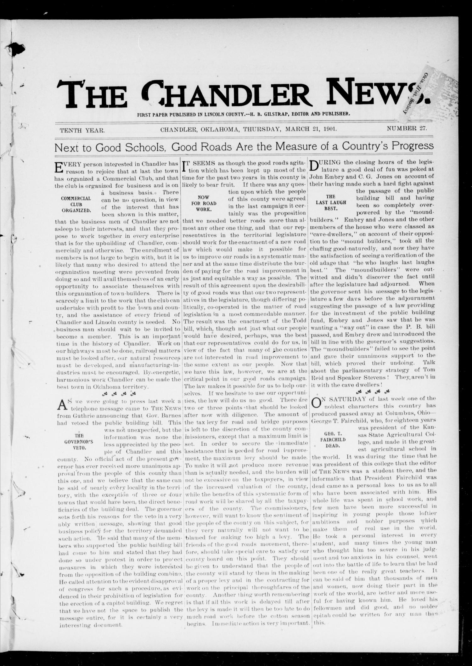 The Chandler News. (Chandler, Okla.), Vol. 10, No. 27, Ed. 1 Thursday, March 21, 1901
                                                
                                                    [Sequence #]: 1 of 10
                                                