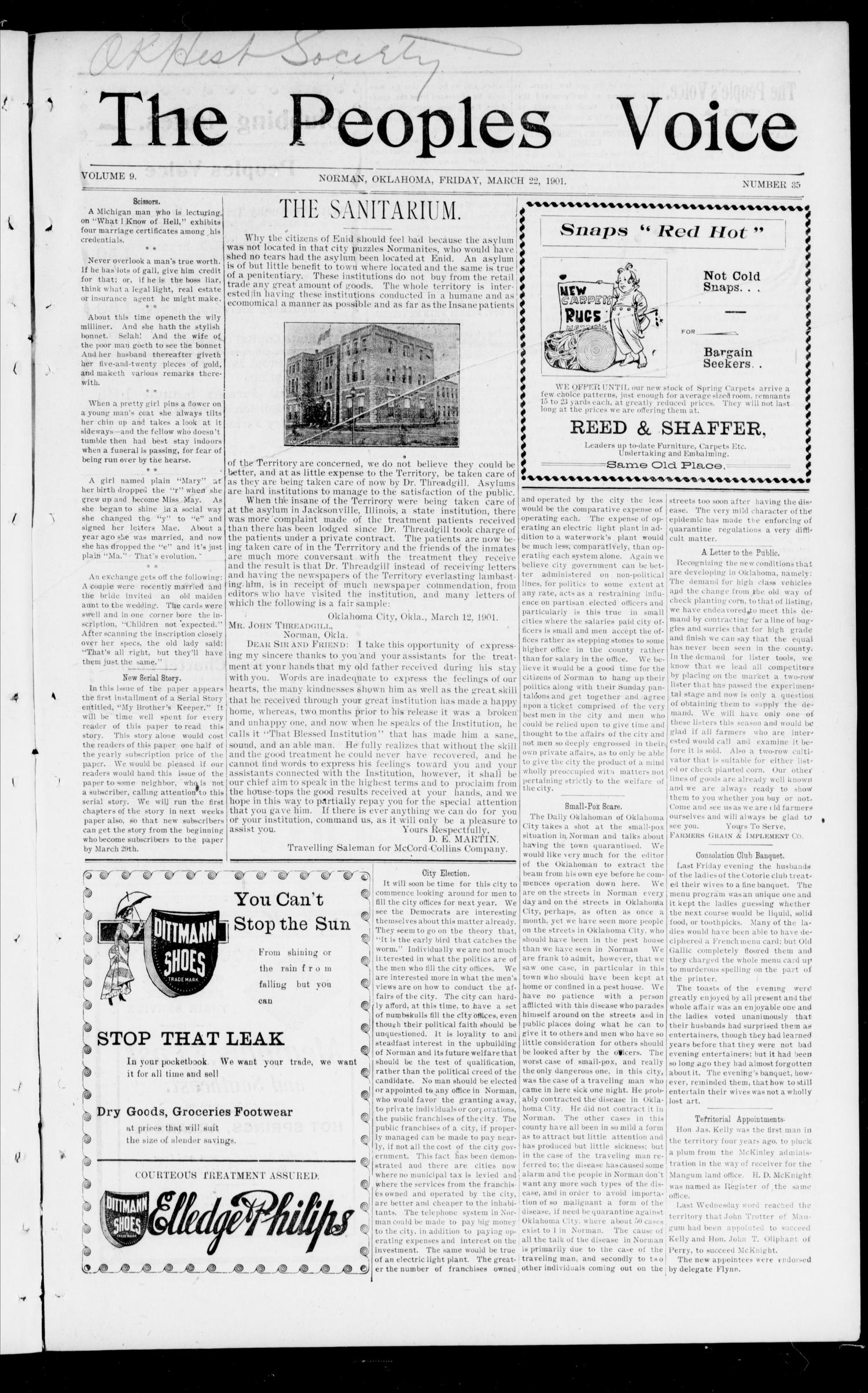 The Peoples Voice (Norman, Okla.), Vol. 9, No. 35, Ed. 1 Friday, March 22, 1901
                                                
                                                    [Sequence #]: 1 of 8
                                                