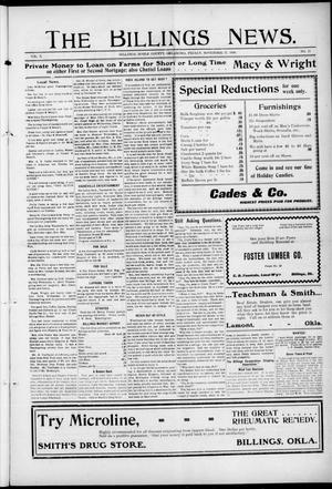 Primary view of object titled 'The Billings News. (Billings, Okla.), Vol. 10, No. 11, Ed. 1 Friday, November 27, 1908'.