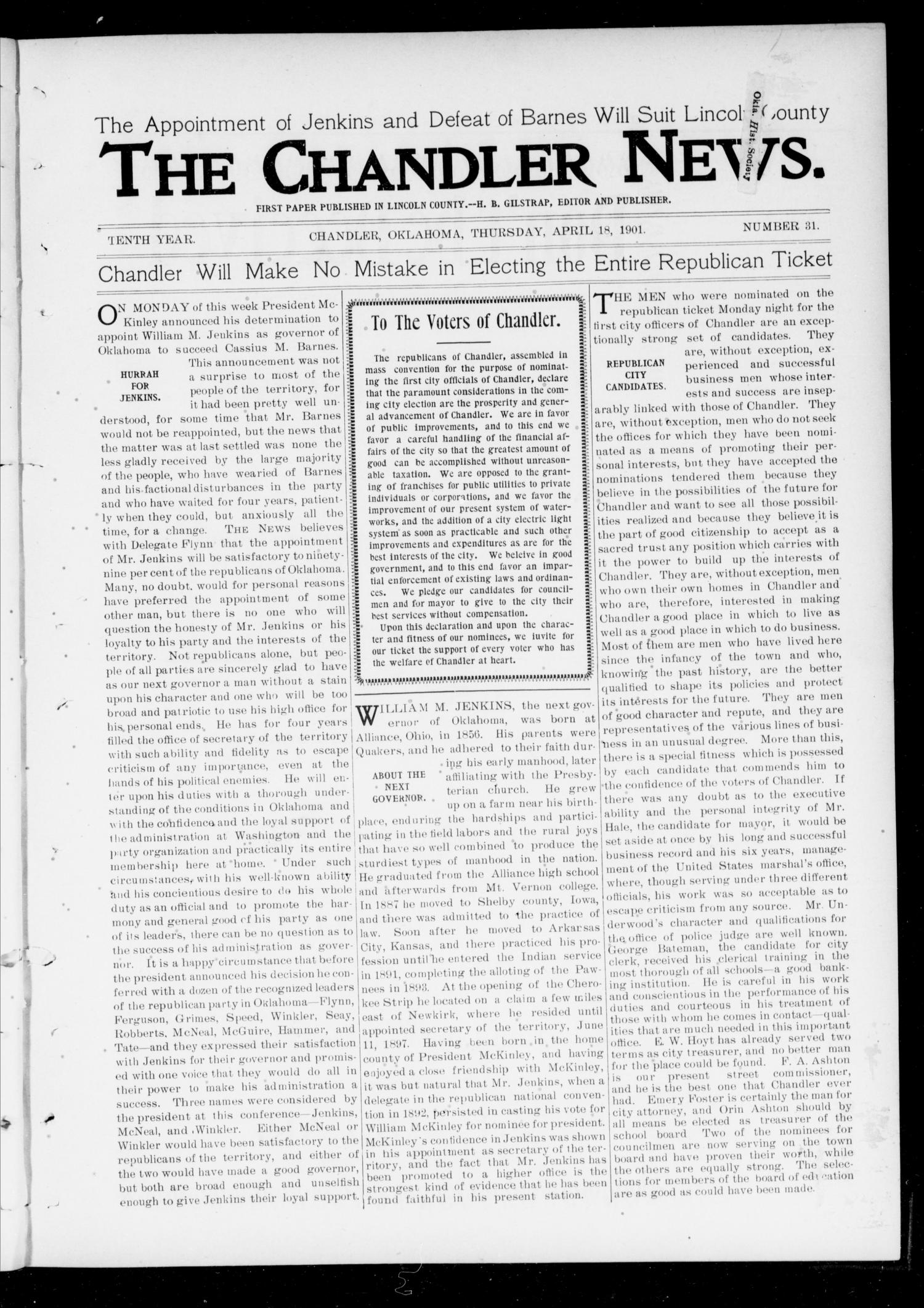 The Chandler News. (Chandler, Okla.), Vol. 10, No. 31, Ed. 1 Thursday, April 18, 1901
                                                
                                                    [Sequence #]: 1 of 10
                                                