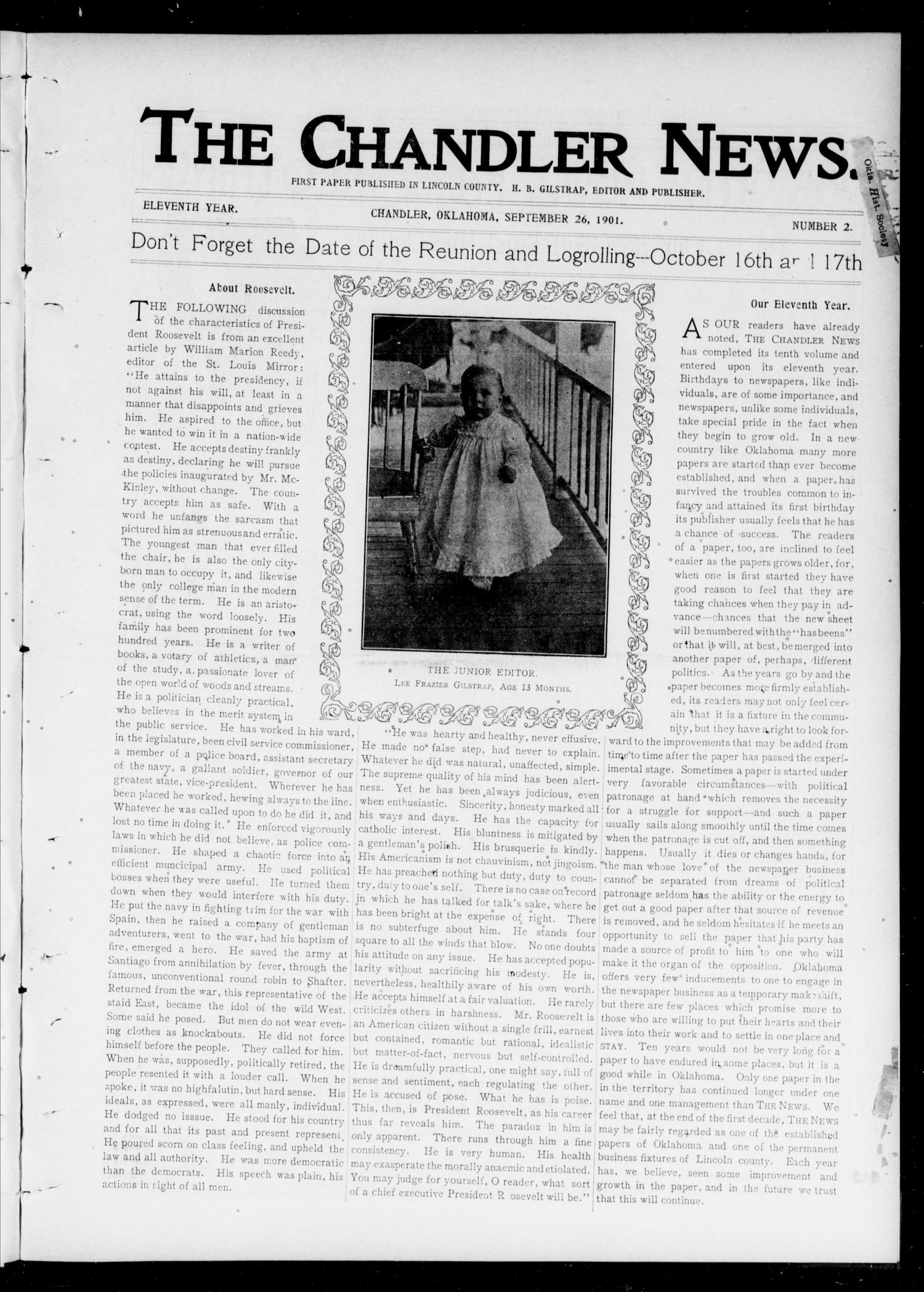 The Chandler News. (Chandler, Okla.), Vol. 11, No. 2, Ed. 1 Thursday, September 26, 1901
                                                
                                                    [Sequence #]: 1 of 12
                                                