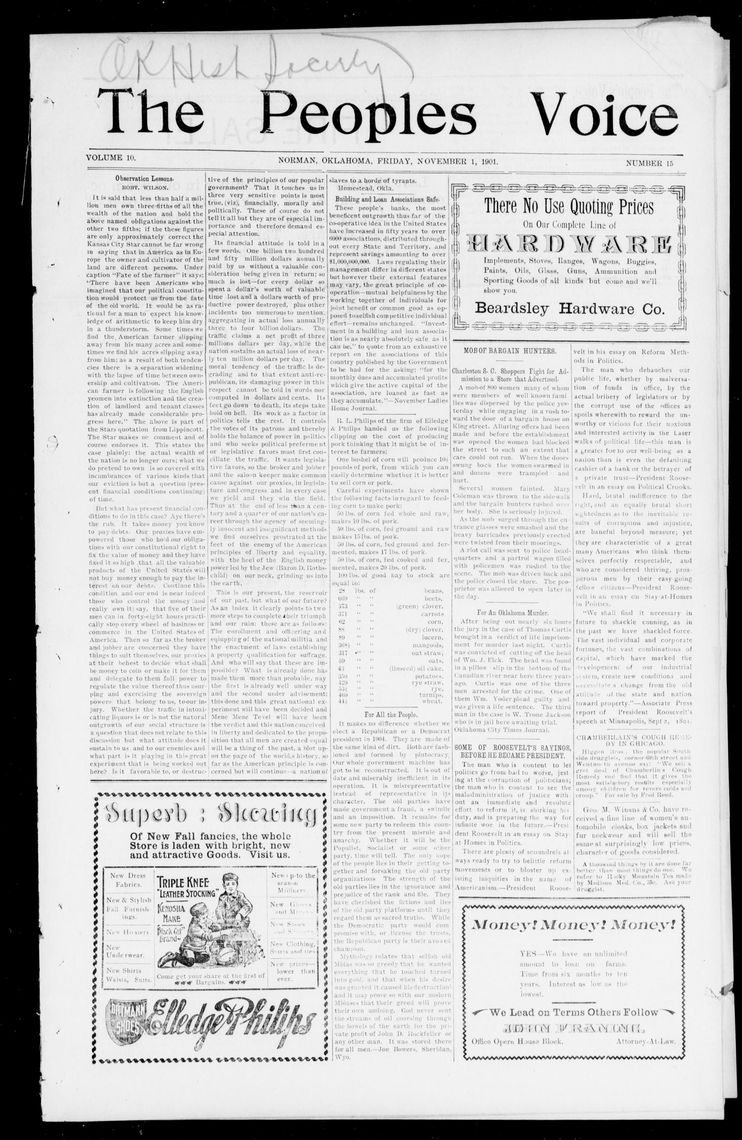 The Peoples Voice (Norman, Okla.), Vol. 10, No. 15, Ed. 1 Friday, November 1, 1901
                                                
                                                    [Sequence #]: 1 of 8
                                                
