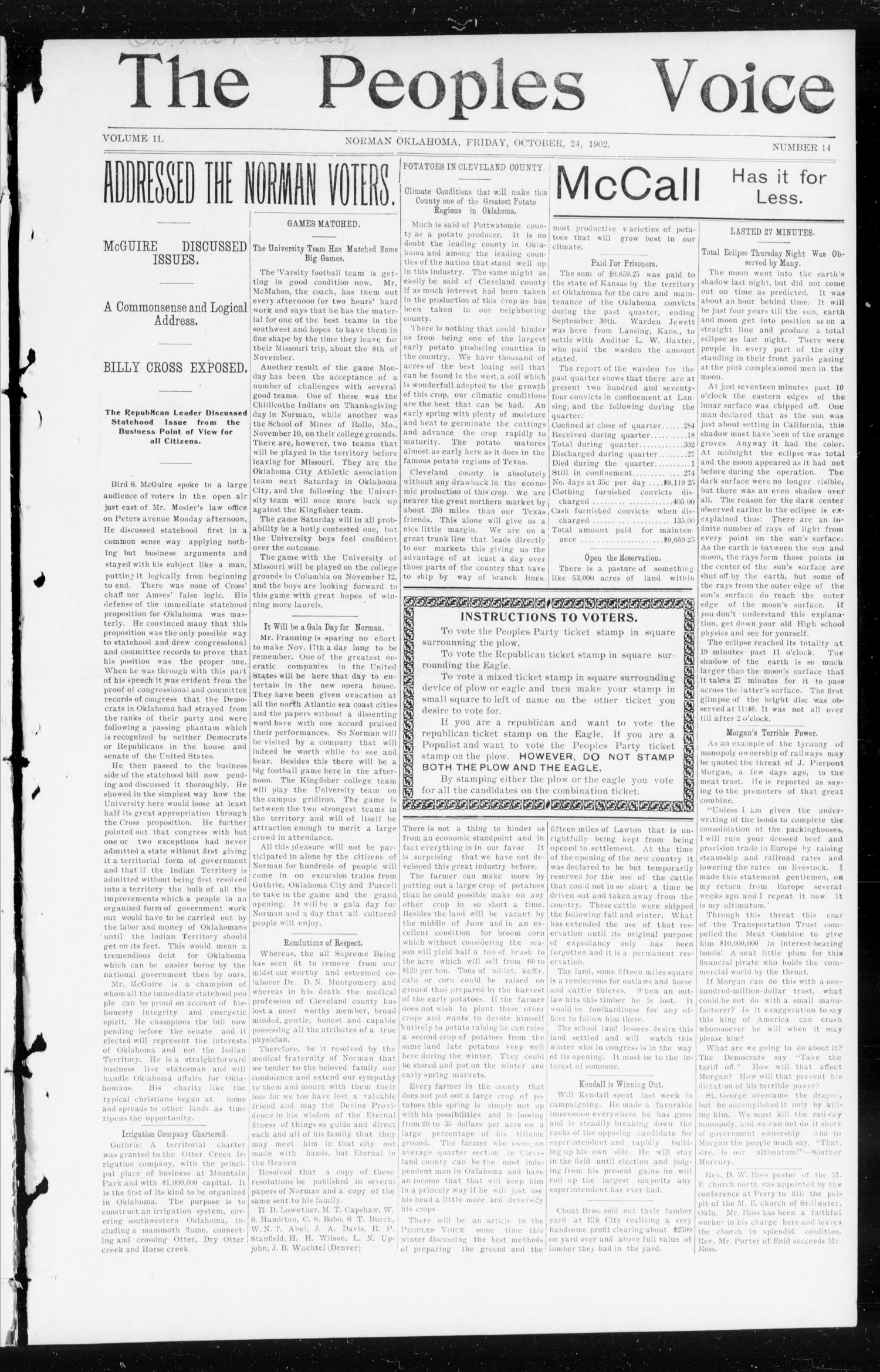 The Peoples Voice (Norman, Okla.), Vol. 11, No. 14, Ed. 1 Friday, October 24, 1902
                                                
                                                    [Sequence #]: 1 of 8
                                                