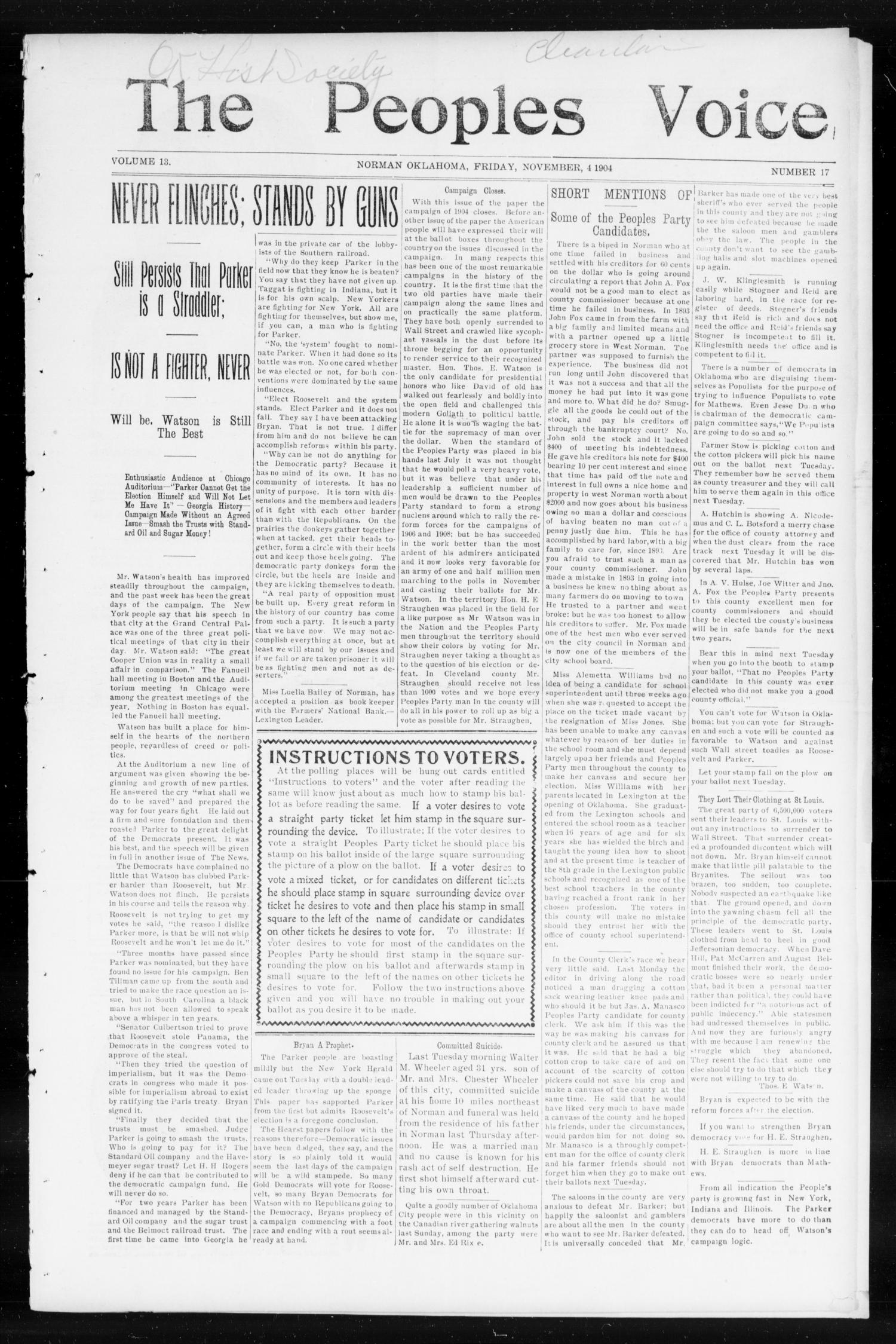 The Peoples Voice (Norman, Okla.), Vol. 13, No. 17, Ed. 1 Friday, November 4, 1904
                                                
                                                    [Sequence #]: 1 of 8
                                                