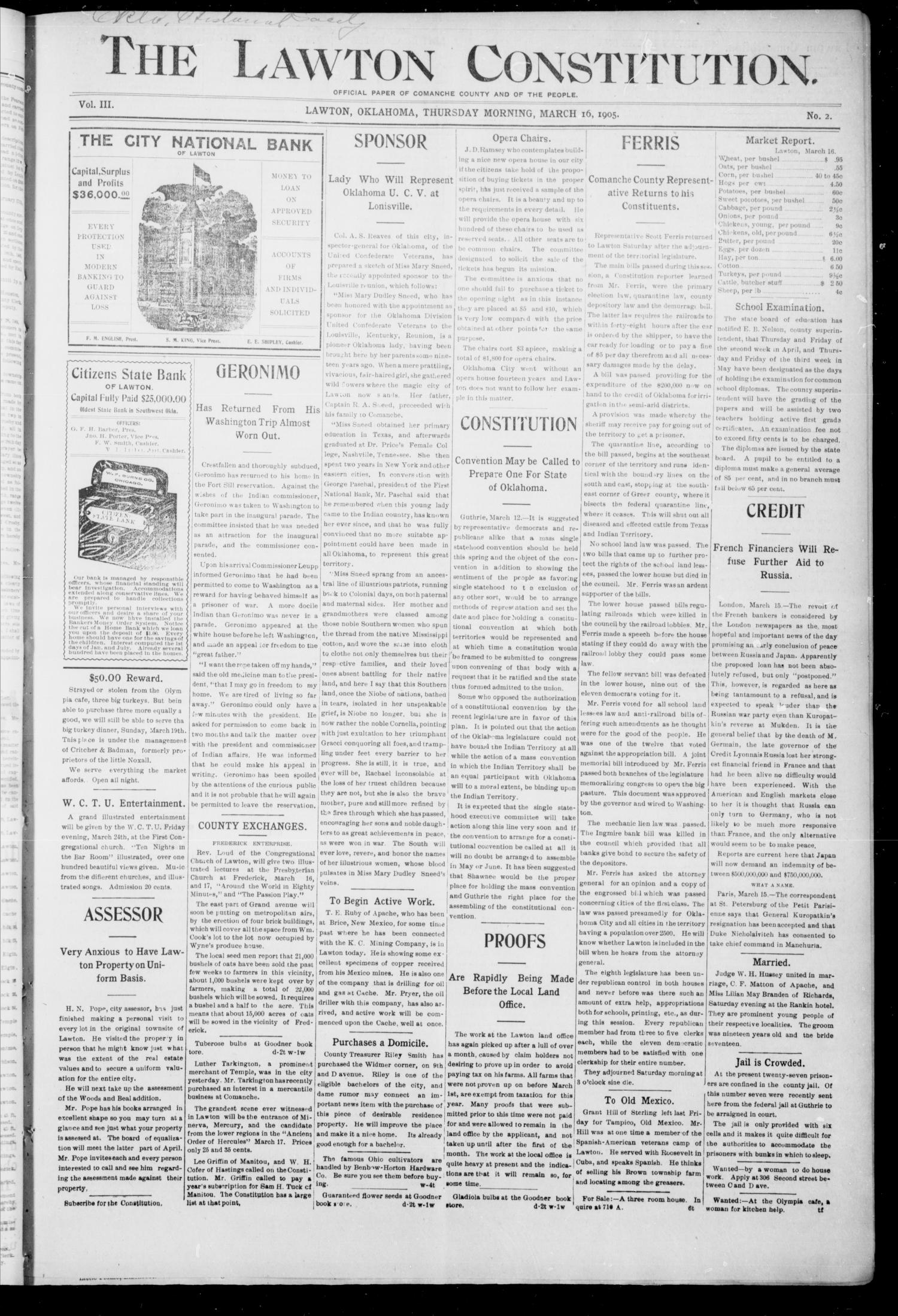 The Lawton Constitution. (Lawton, Okla.), Vol. 3, No. 2, Ed. 1 Thursday, March 16, 1905
                                                
                                                    [Sequence #]: 1 of 8
                                                