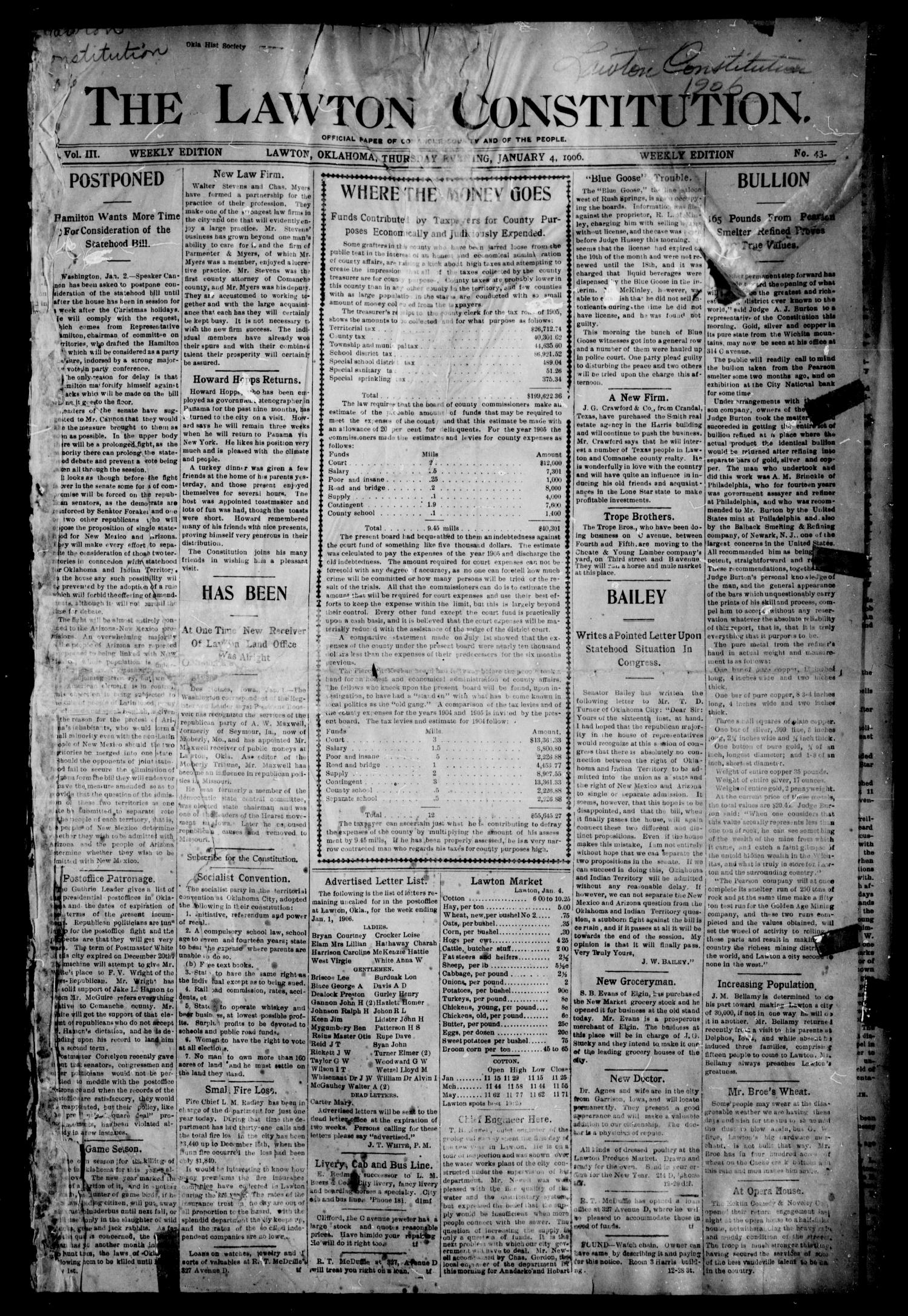 The Lawton Constitution. (Lawton, Okla.), Vol. 3, No. 43, Ed. 1 Thursday, January 4, 1906
                                                
                                                    [Sequence #]: 1 of 8
                                                