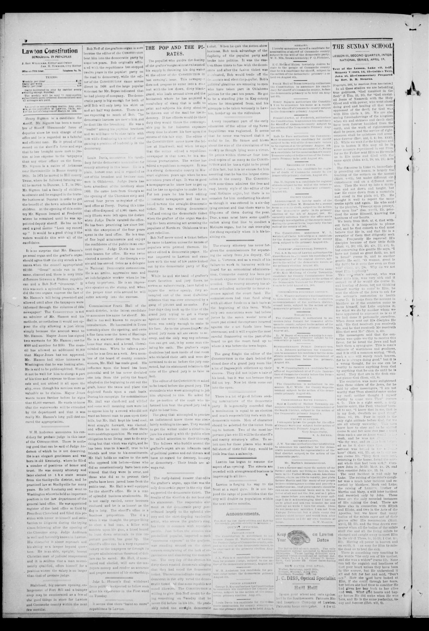 The Lawton Constitution. (Lawton, Okla.), Vol. 4, No. 6, Ed. 1 Thursday, April 12, 1906
                                                
                                                    [Sequence #]: 4 of 8
                                                