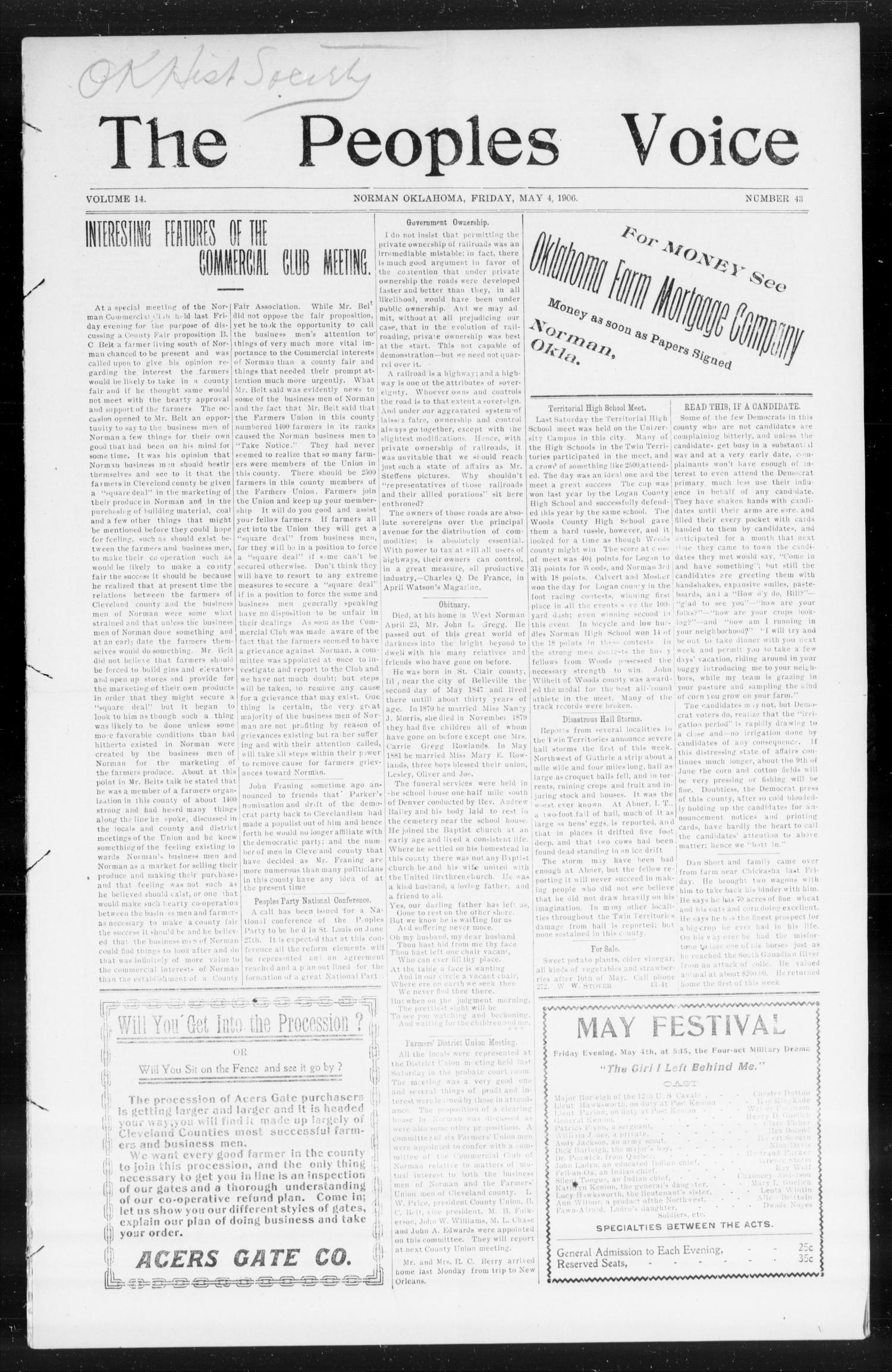 The Peoples Voice (Norman, Okla.), Vol. 14, No. 43, Ed. 1 Friday, May 4, 1906
                                                
                                                    [Sequence #]: 1 of 8
                                                