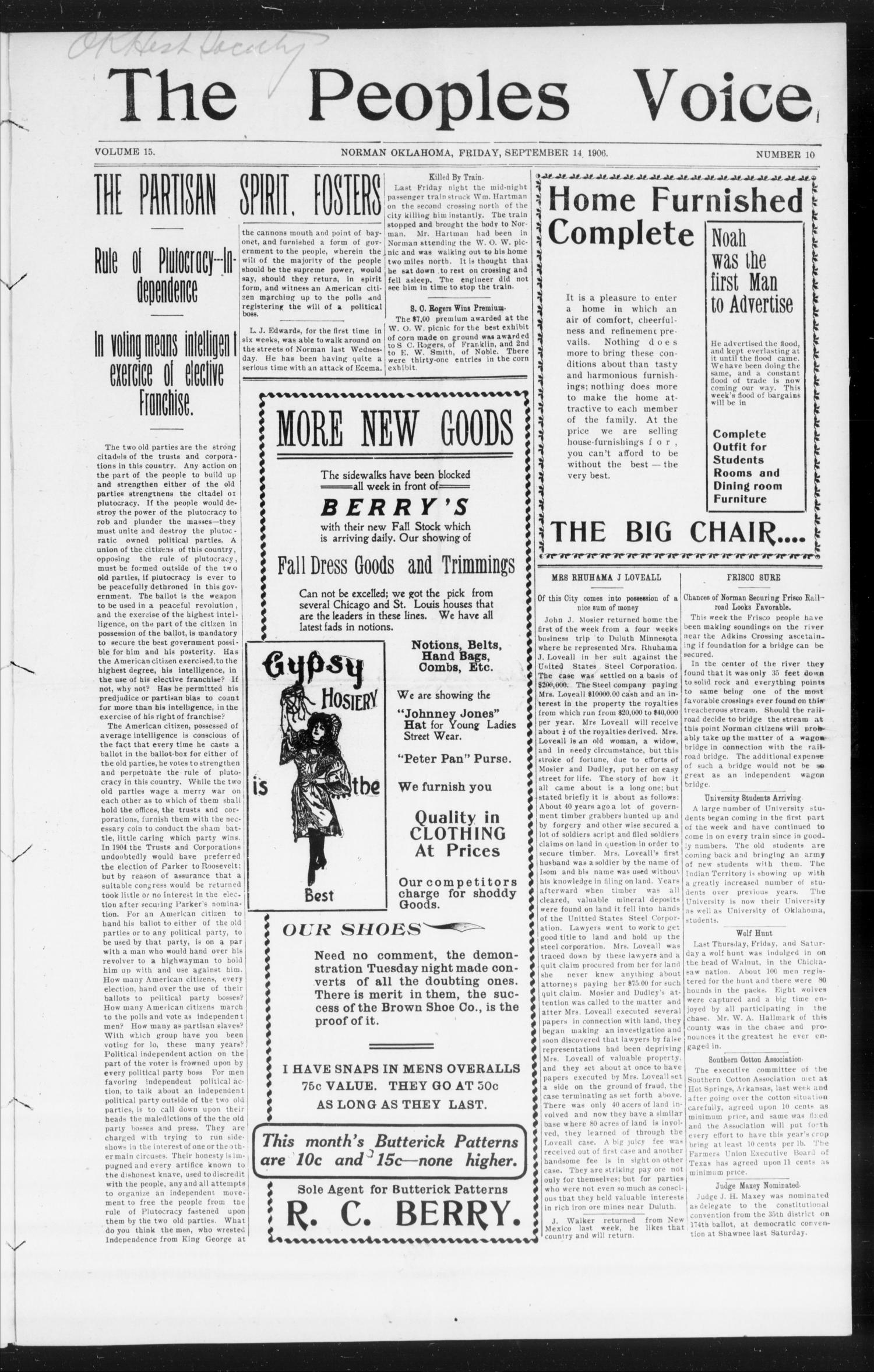 The Peoples Voice (Norman, Okla.), Vol. 15, No. 10, Ed. 1 Friday, September 14, 1906
                                                
                                                    [Sequence #]: 1 of 8
                                                