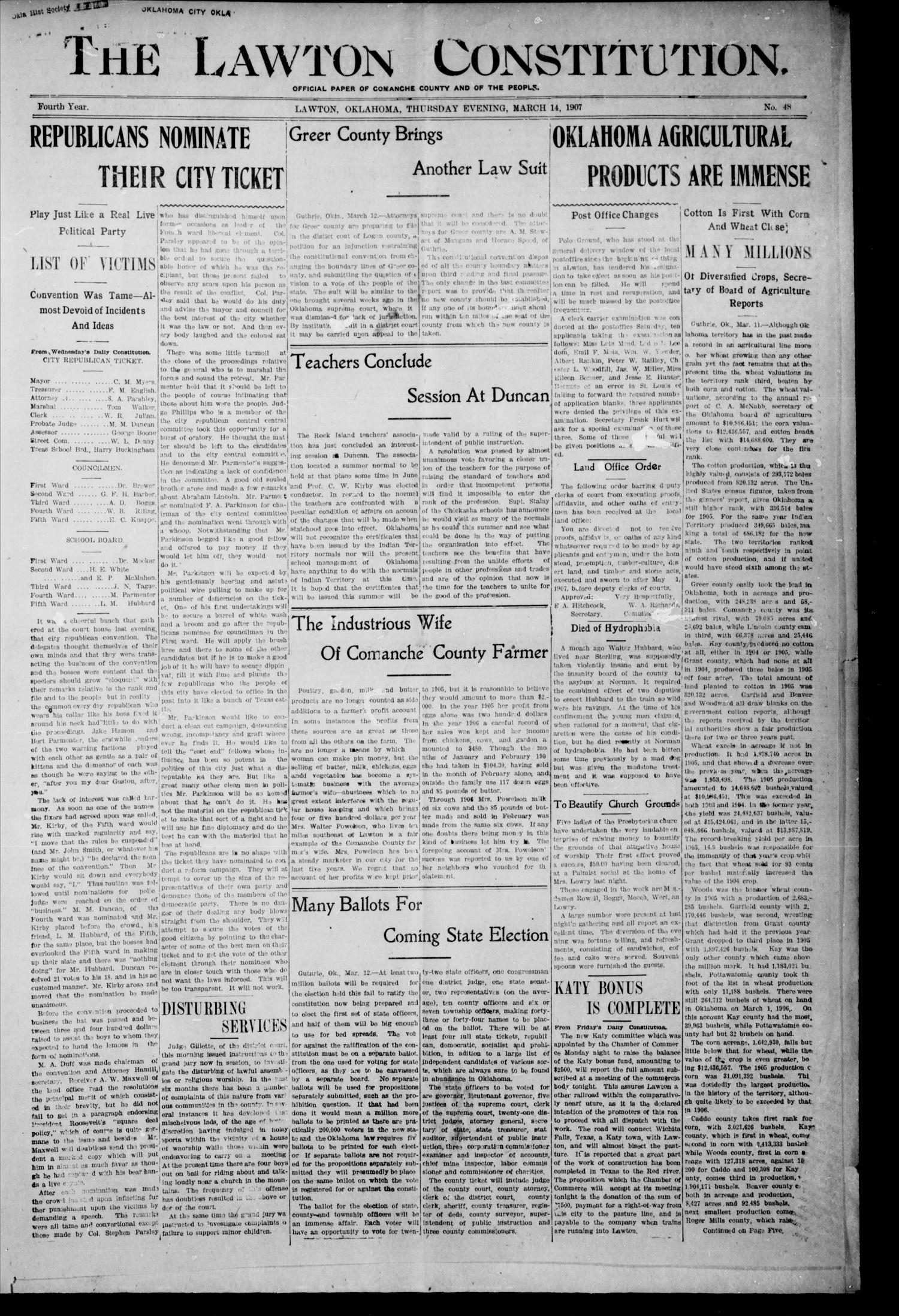The Lawton Constitution. (Lawton, Okla.), Vol. 4, No. 48, Ed. 1 Thursday, March 14, 1907
                                                
                                                    [Sequence #]: 1 of 8
                                                