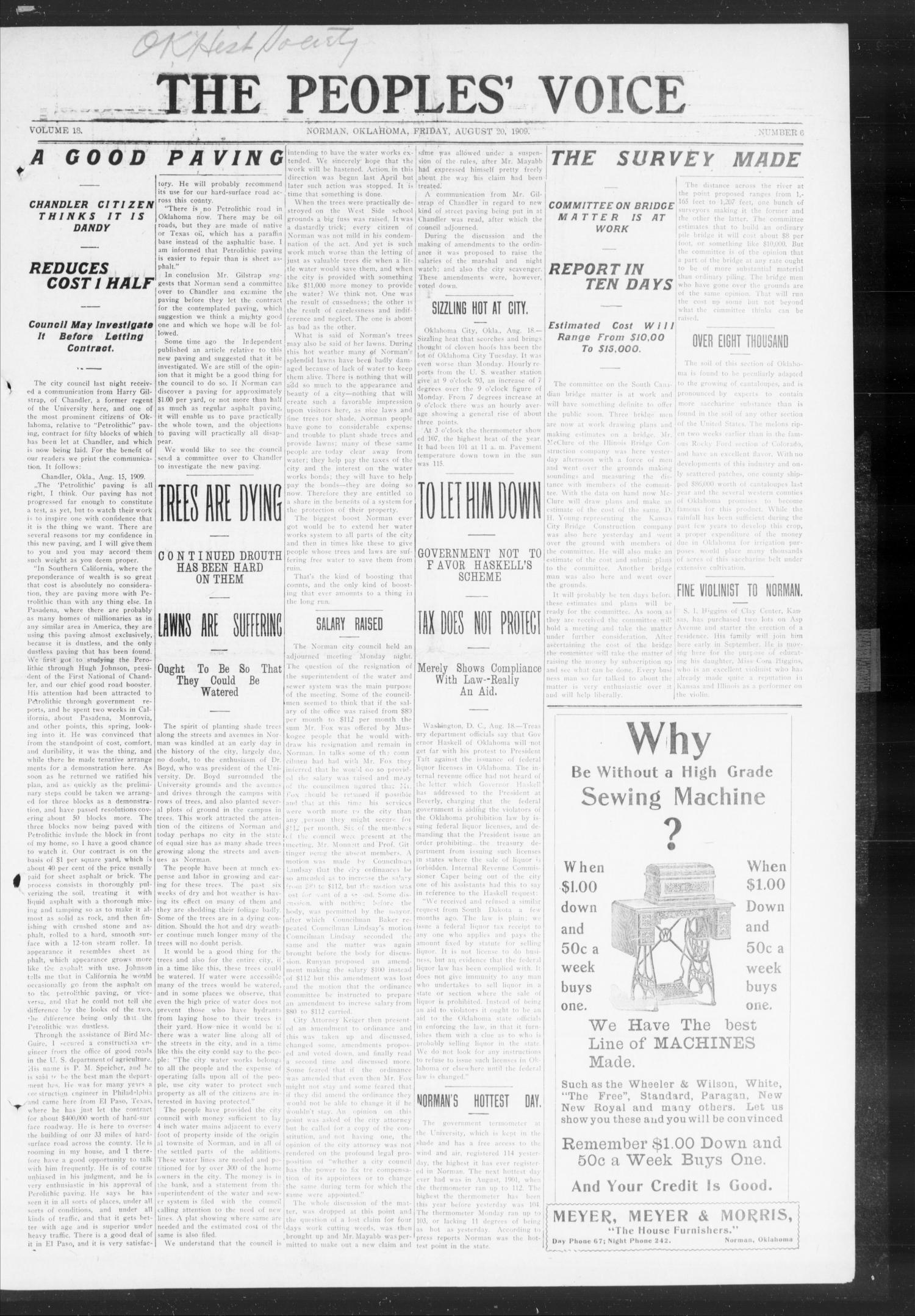 The Peoples' Voice (Norman, Okla.), Vol. 18, No. 6, Ed. 1 Friday, August 20, 1909
                                                
                                                    [Sequence #]: 1 of 8
                                                