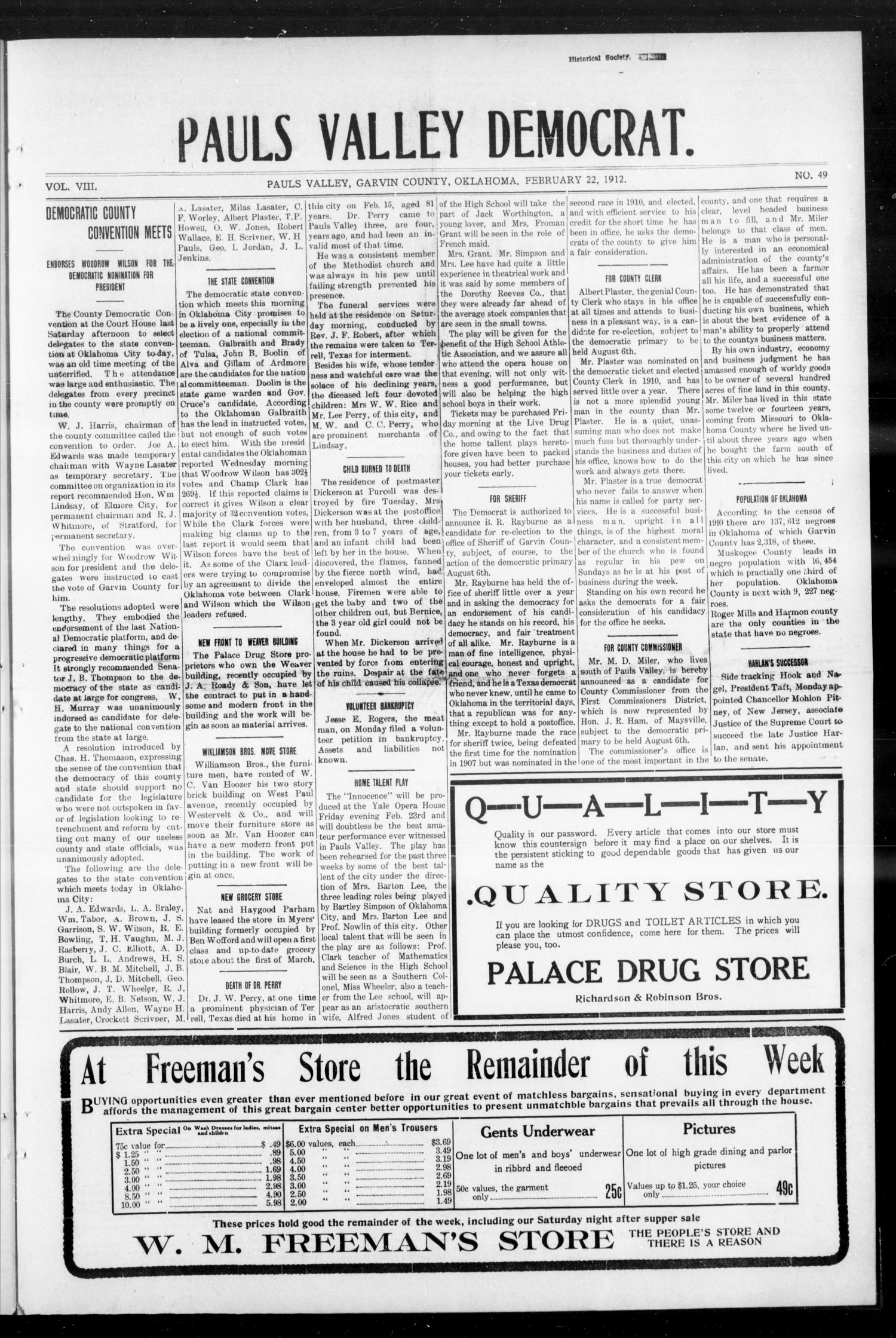 Pauls Valley Democrat. (Pauls Valley, Okla.), Vol. 8, No. 49, Ed. 1 Thursday, February 22, 1912
                                                
                                                    [Sequence #]: 1 of 8
                                                
