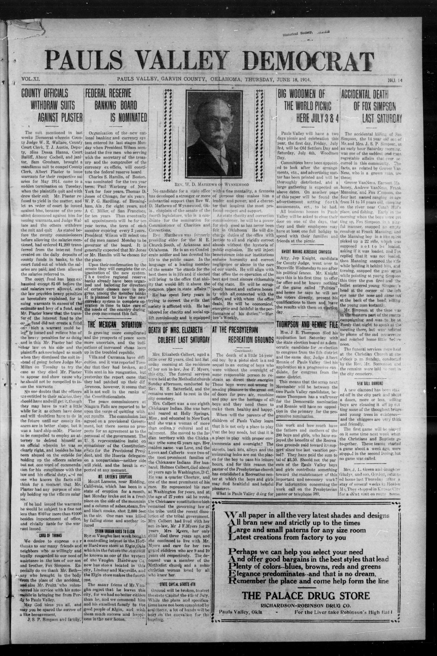 Pauls Valley Democrat (Pauls Valley, Okla.), Vol. 11, No. 14, Ed. 1 Thursday, June 18, 1914
                                                
                                                    [Sequence #]: 1 of 8
                                                