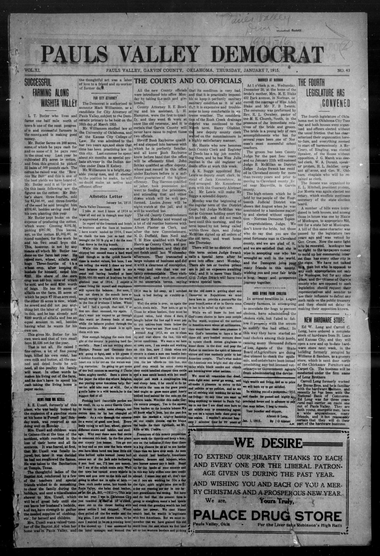 Pauls Valley Democrat (Pauls Valley, Okla.), Vol. 11, No. 43, Ed. 1 Thursday, January 7, 1915
                                                
                                                    [Sequence #]: 1 of 8
                                                