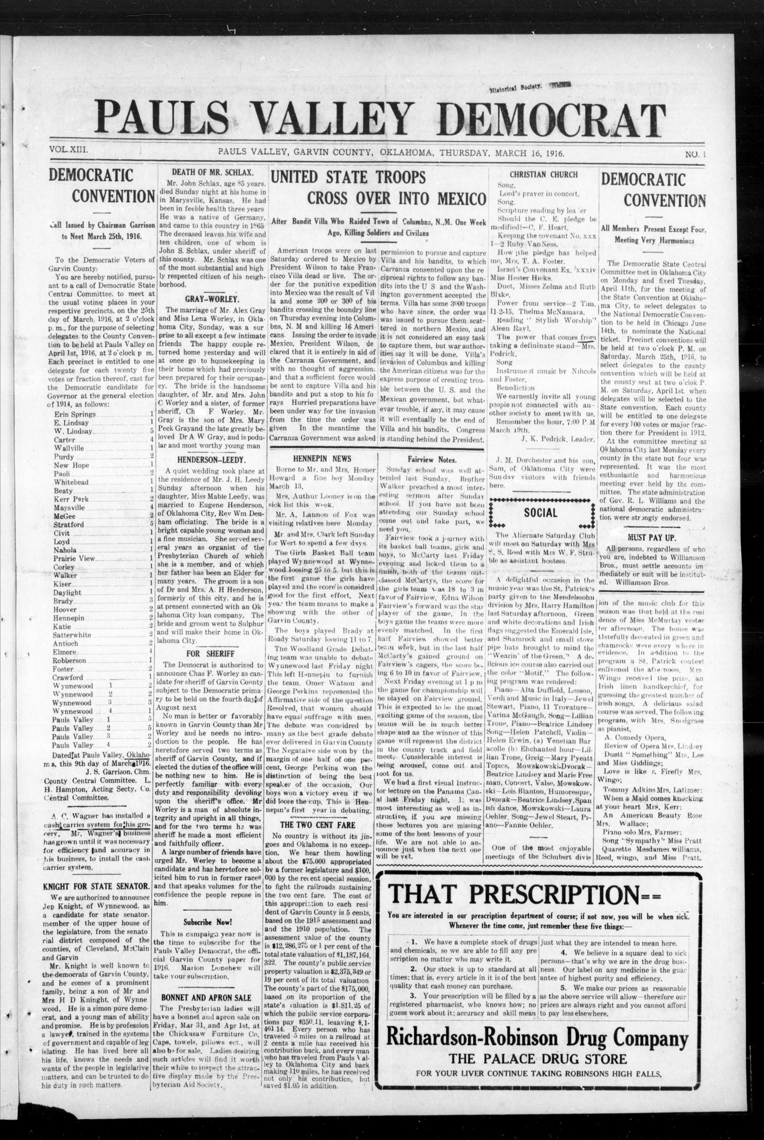 Pauls Valley Democrat (Pauls Valley, Okla.), Vol. 13, No. 1, Ed. 1 Thursday, March 16, 1916
                                                
                                                    [Sequence #]: 1 of 8
                                                