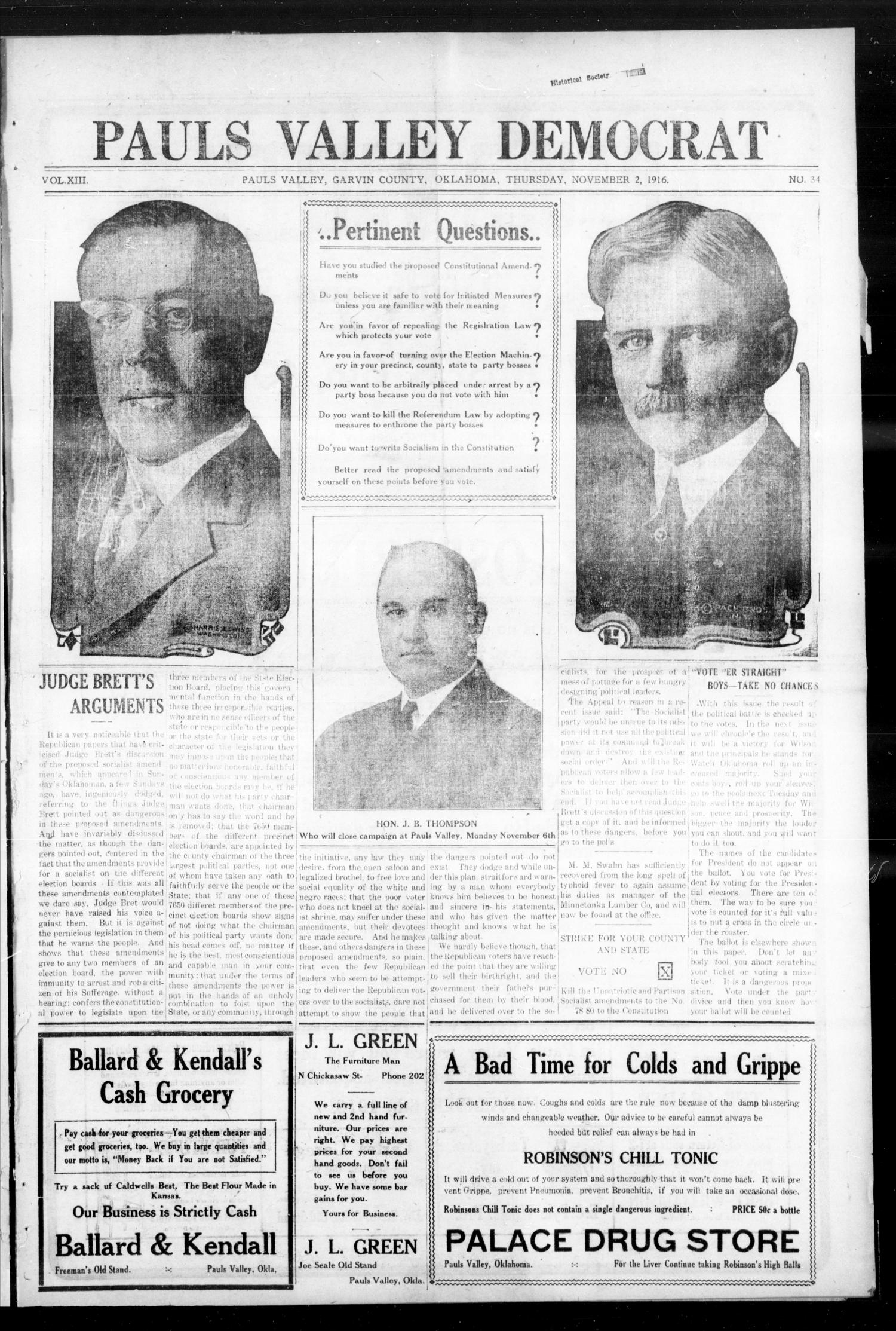 Pauls Valley Democrat (Pauls Valley, Okla.), Vol. 13, No. 34, Ed. 1 Thursday, November 2, 1916
                                                
                                                    [Sequence #]: 1 of 8
                                                