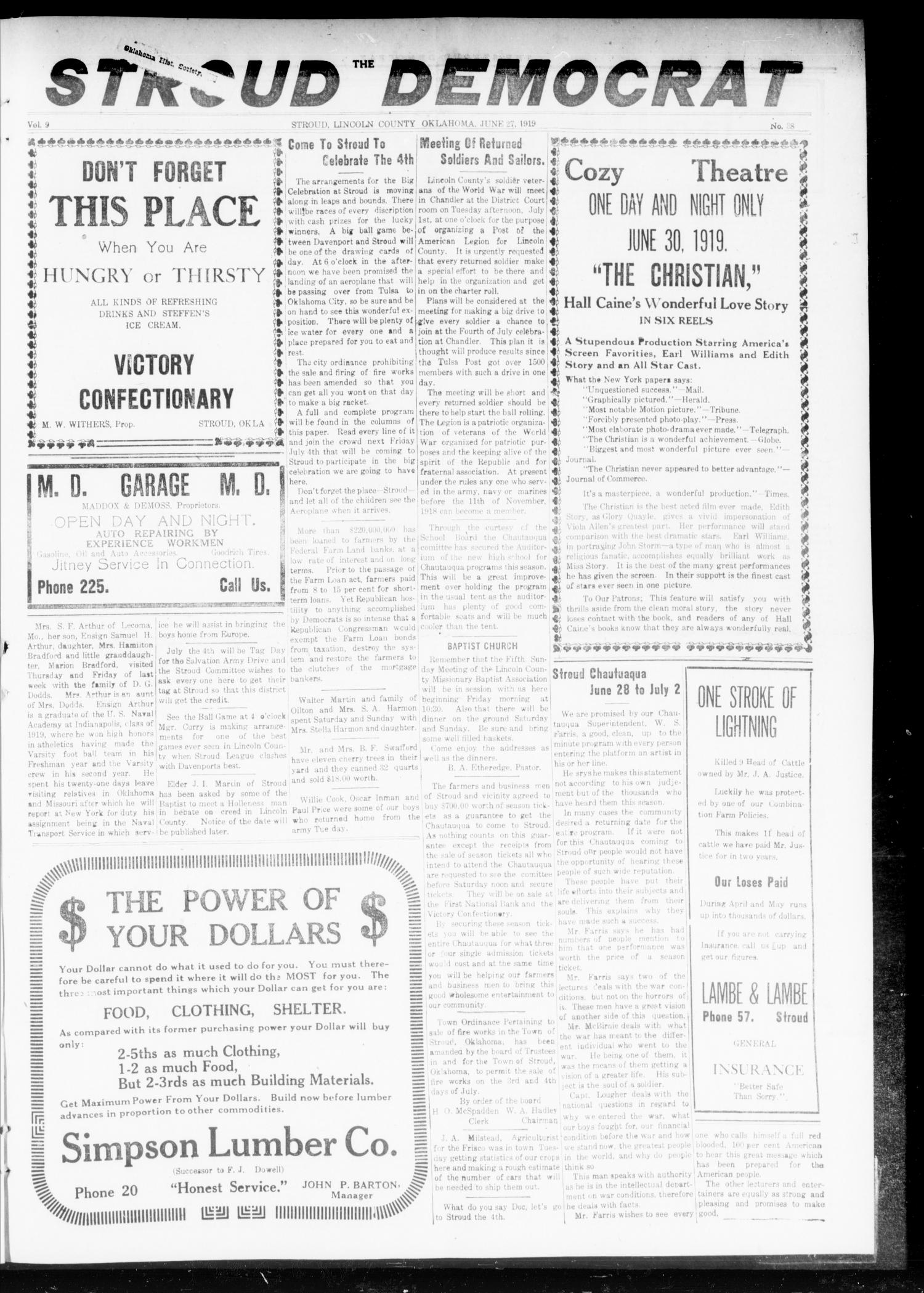 The Stroud Democrat (Stroud, Okla.), Vol. 9, No. 38, Ed. 1 Friday, June 27, 1919
                                                
                                                    [Sequence #]: 1 of 8
                                                