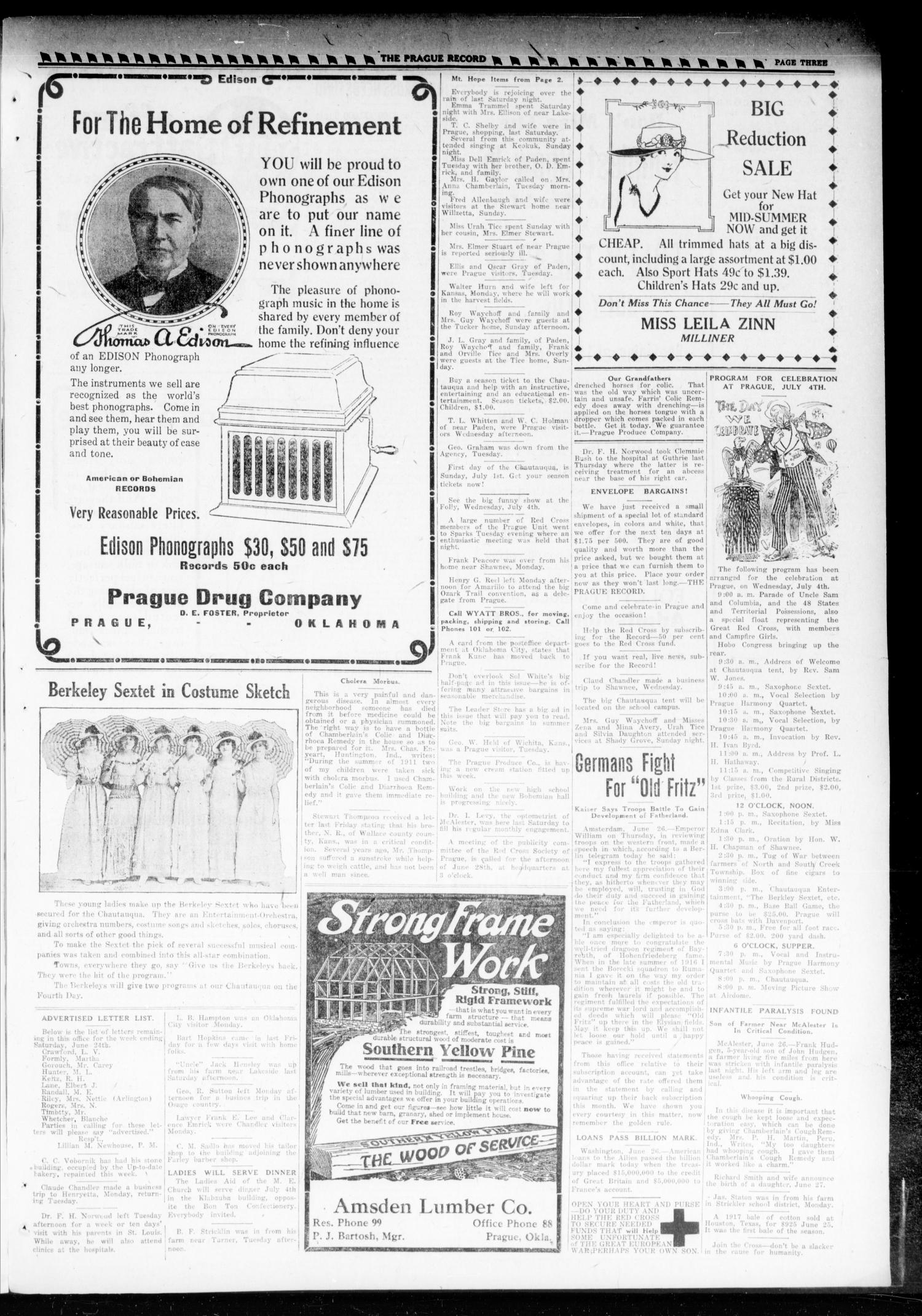The Prague News and The Prague Record (Prague, Okla.), Vol. 14, No. 51, Ed. 1 Thursday, June 28, 1917
                                                
                                                    [Sequence #]: 3 of 8
                                                
