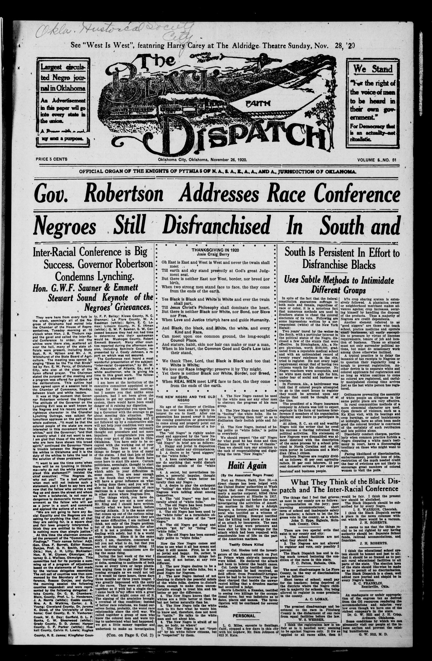 The Black Dispatch (Oklahoma City, Okla.), Vol. 5, No. 51, Ed. 1 Friday, November 26, 1920
                                                
                                                    [Sequence #]: 1 of 8
                                                