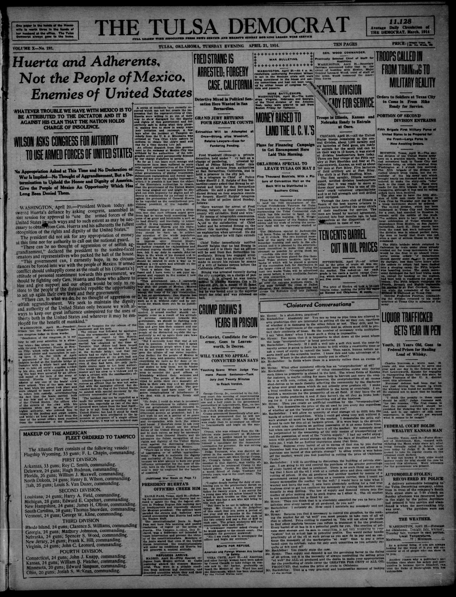 The Tulsa Democrat (Tulsa, Okla.), Vol. 10, No. 193, Ed. 1 Tuesday, April 21, 1914
                                                
                                                    [Sequence #]: 1 of 10
                                                