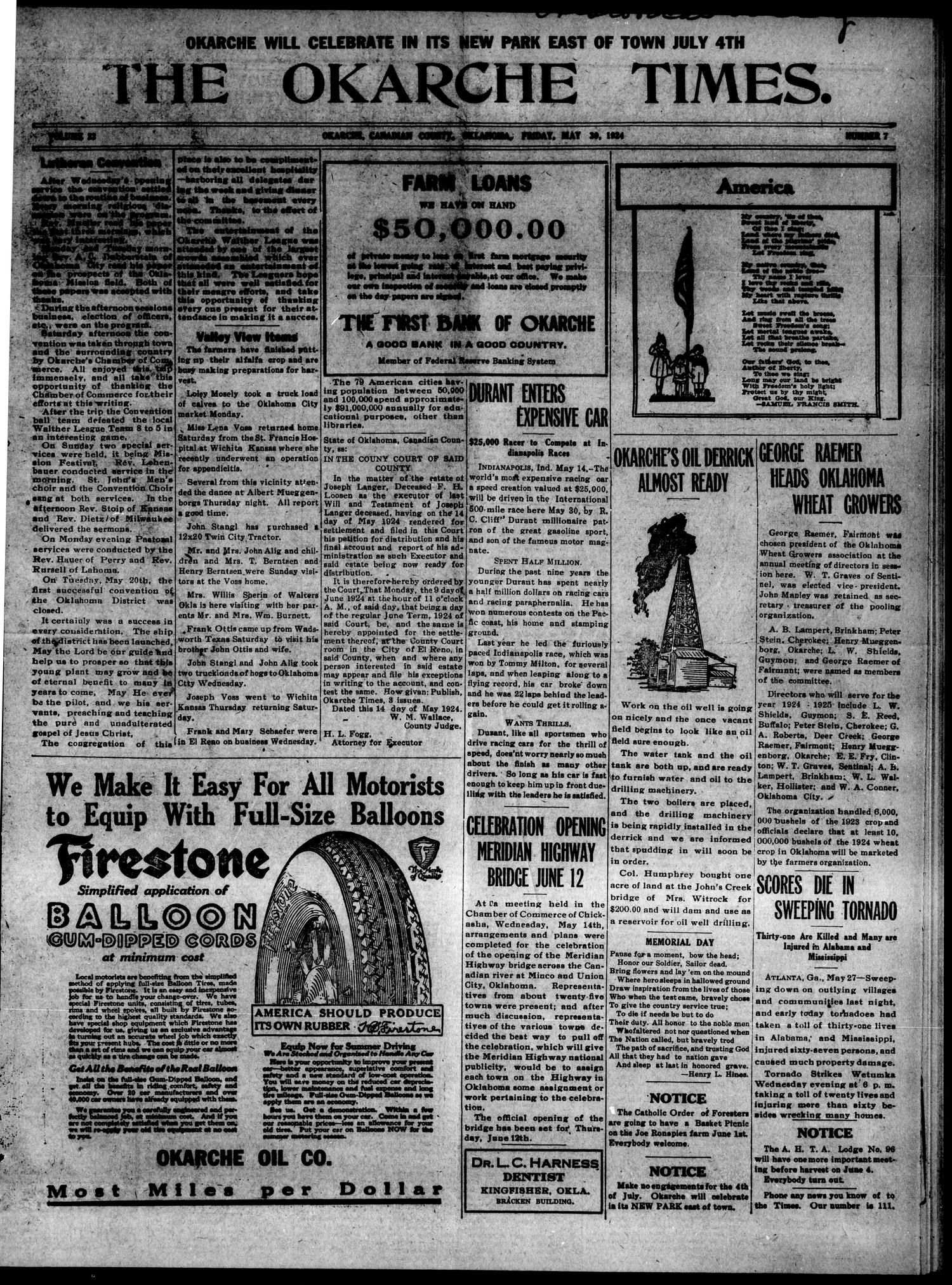 The Okarche Times. (Okarche, Okla.), Vol. 33, No. 7, Ed. 1 Friday, May 30, 1924
                                                
                                                    [Sequence #]: 1 of 4
                                                