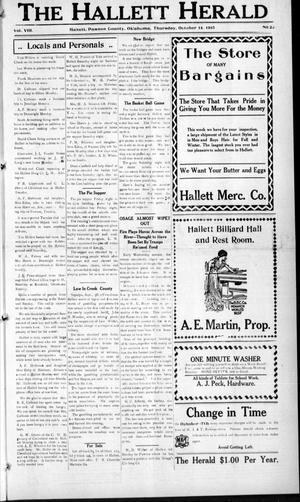 Primary view of object titled 'The Hallett Herald (Hallett, Okla.), Vol. 8, No. 22, Ed. 1 Thursday, October 14, 1915'.