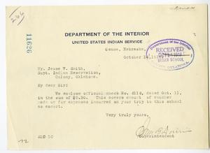 Primary view of object titled 'Letter to Jesse W. Smith from Sam B. Davis regarding a check'.