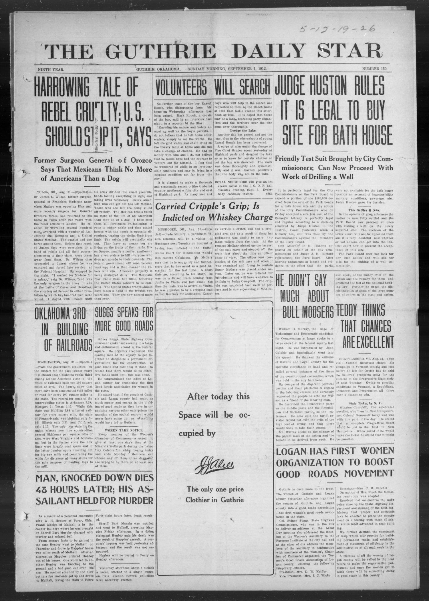 The Guthrie Daily Star (Guthrie, Okla.), Vol. 9, No. 150, Ed. 1 Sunday, September 1, 1912
                                                
                                                    [Sequence #]: 1 of 8
                                                