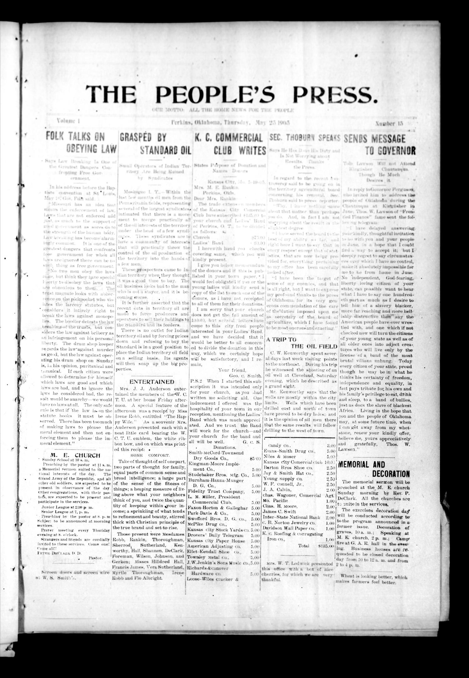 The People's Press. (Perkins, Okla.), Vol. 1, No. 15, Ed. 1 Thursday, May 25, 1905
                                                
                                                    [Sequence #]: 1 of 6
                                                