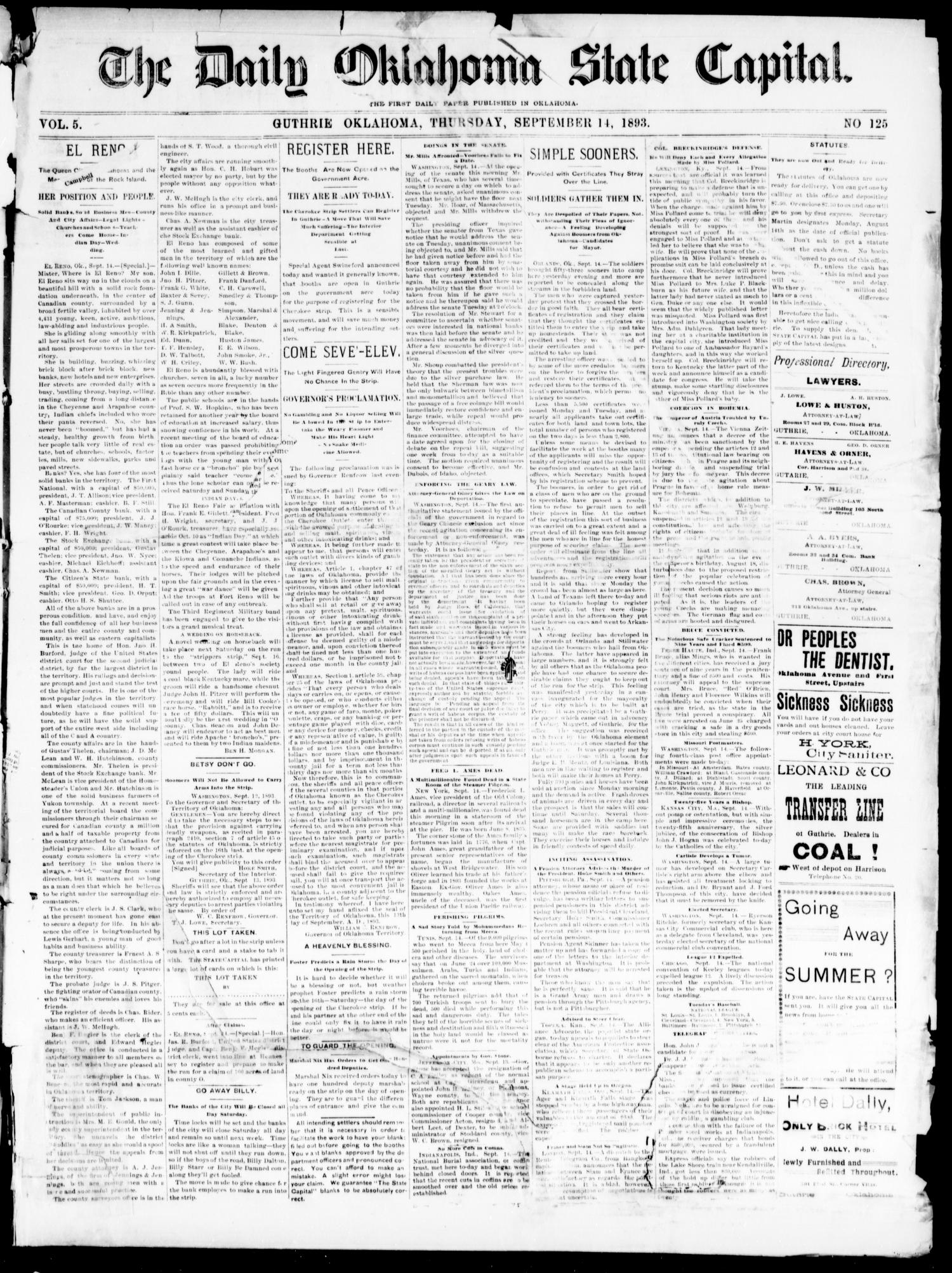 The Daily Oklahoma State Capital. (Guthrie, Okla.), Vol. 5, No. 125, Ed. 1, Thursday, September 14, 1893
                                                
                                                    [Sequence #]: 1 of 4
                                                