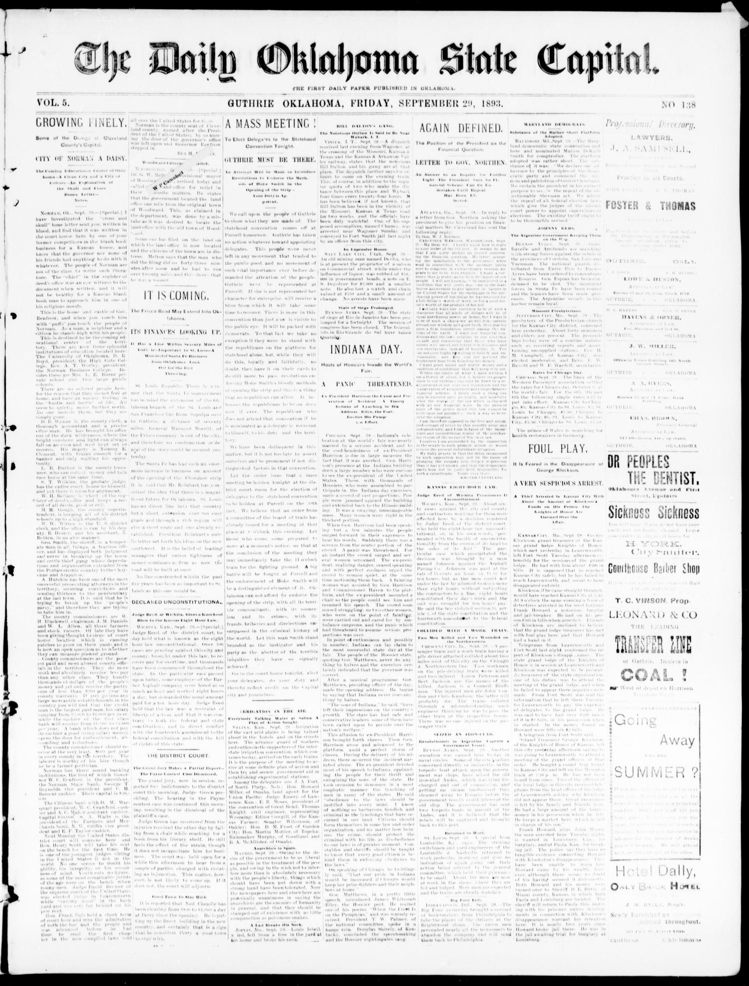 The Daily Oklahoma State Capital. (Guthrie, Okla.), Vol. 5, No. 138, Ed. 1, Friday, September 29, 1893
                                                
                                                    [Sequence #]: 1 of 4
                                                