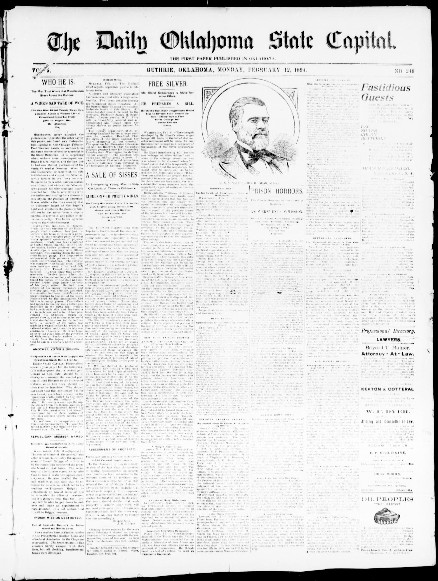 The Daily Oklahoma State Capital. (Guthrie, Okla.), Vol. 5, No. 248, Ed. 1, Monday, February 12, 1894
                                                
                                                    [Sequence #]: 1 of 4
                                                