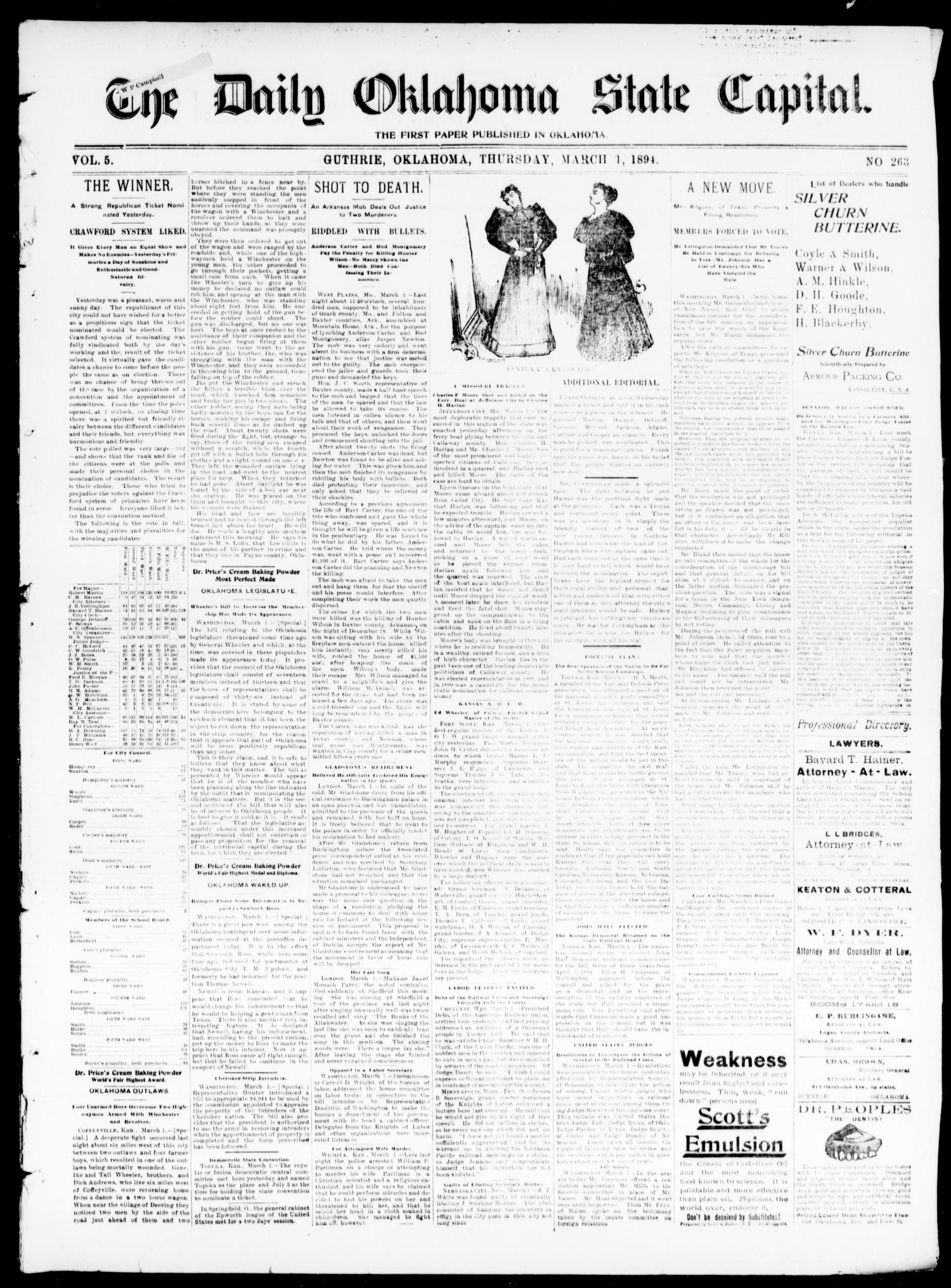The Daily Oklahoma State Capital. (Guthrie, Okla.), Vol. 5, No. 263, Ed. 1, Thursday, March 1, 1894
                                                
                                                    [Sequence #]: 1 of 4
                                                