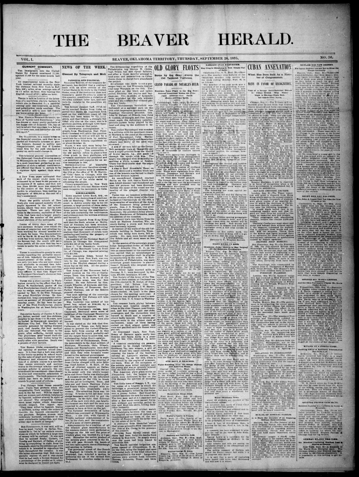 The Beaver Herald. (Beaver, Okla. Terr.), Vol. 1, No. 36, Ed. 1, Thursday, September 26, 1895
                                                
                                                    [Sequence #]: 1 of 4
                                                