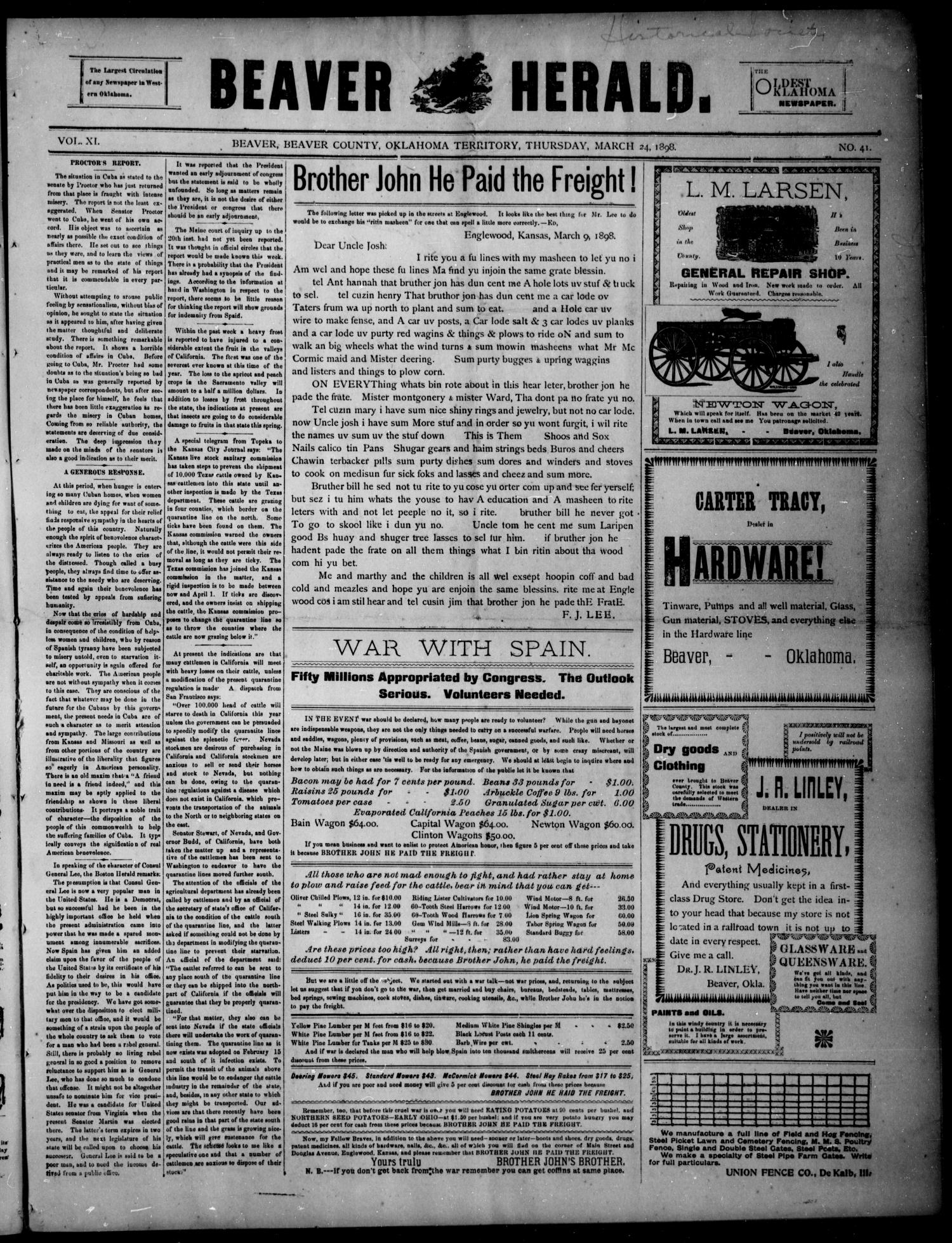 Beaver Herald. (Beaver, Okla. Terr.), Vol. 11, No. 41, Ed. 1, Thursday, March 24, 1898
                                                
                                                    [Sequence #]: 1 of 4
                                                