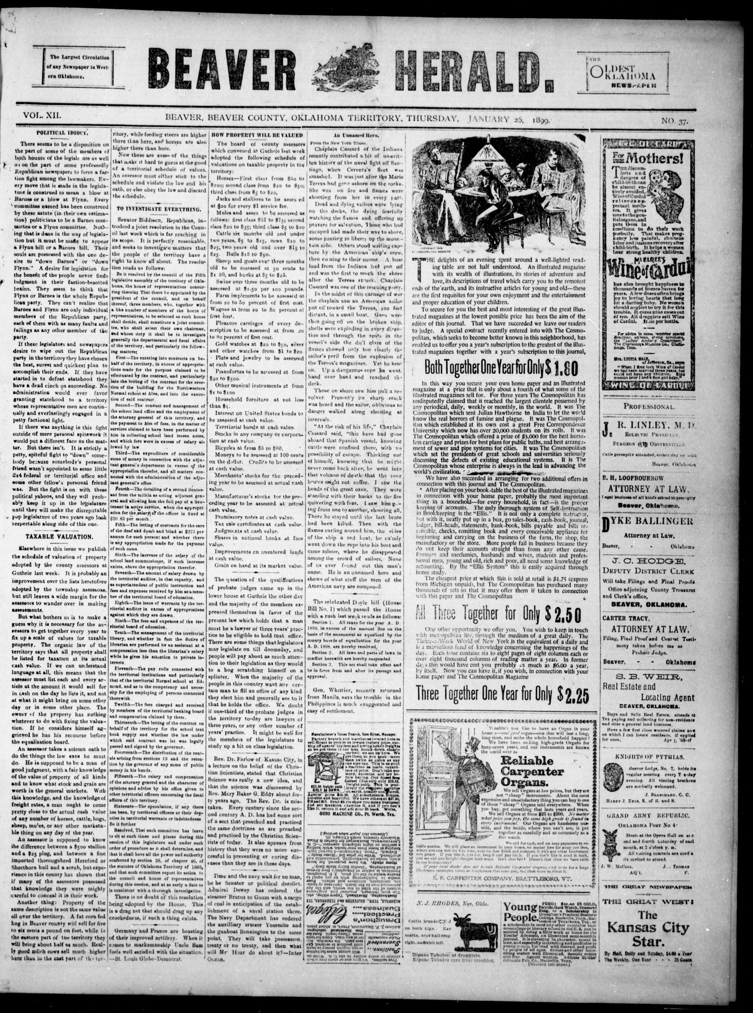 Beaver Herald. (Beaver, Okla. Terr.), Vol. 12, No. 37, Ed. 1, Thursday, January 26, 1899
                                                
                                                    [Sequence #]: 1 of 4
                                                