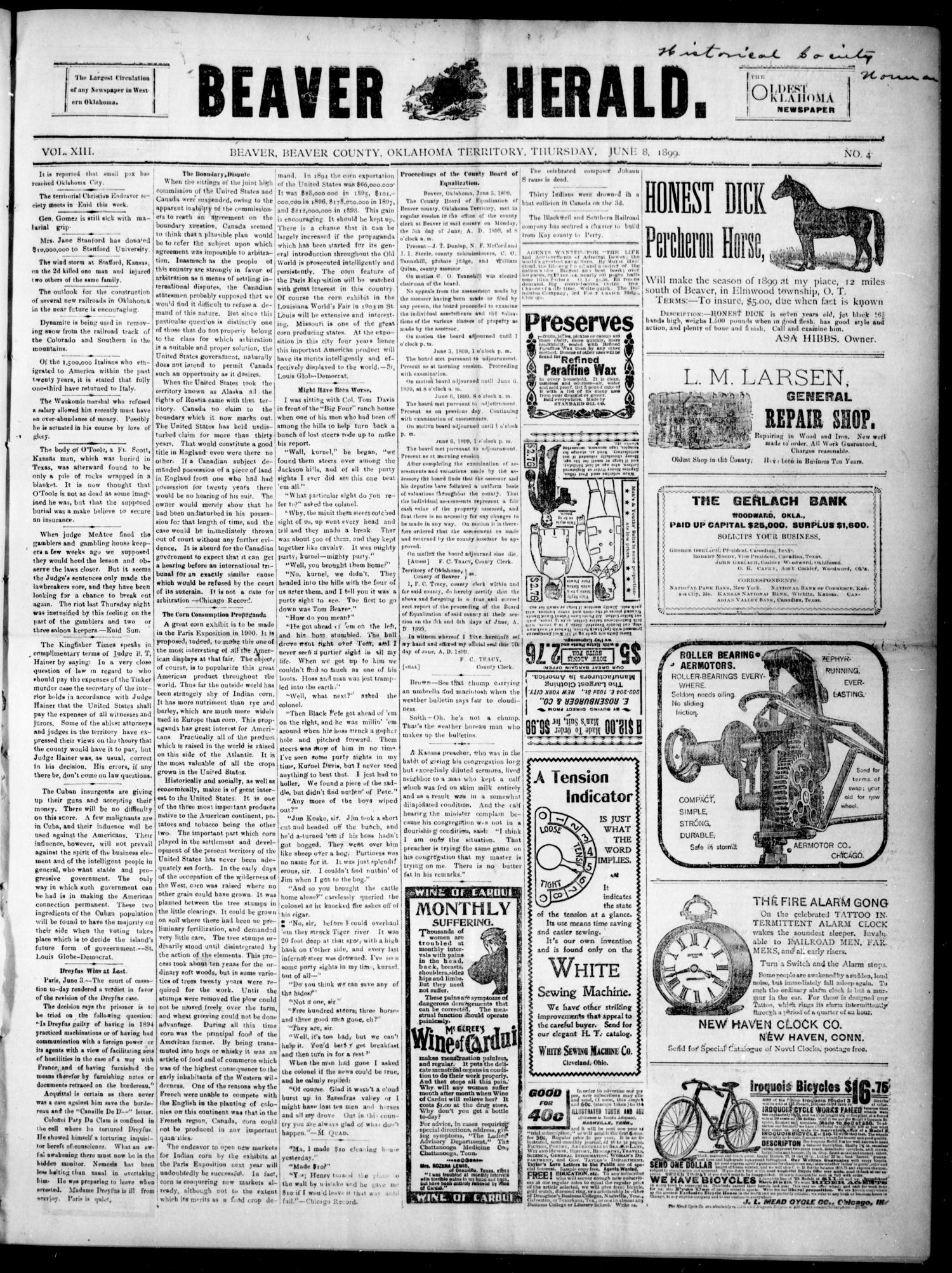 Beaver Herald. (Beaver, Okla. Terr.), Vol. 13, No. 4, Ed. 1, Thursday, June 8, 1899
                                                
                                                    [Sequence #]: 1 of 4
                                                