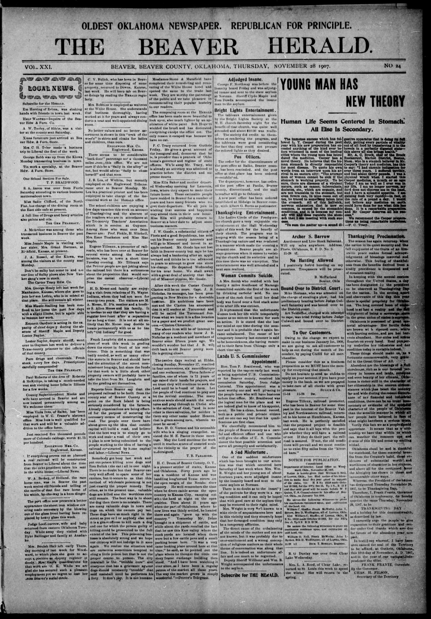 The Beaver Herald. (Beaver, Okla.), Vol. 21, No. 24, Ed. 1, Thursday, November 28, 1907
                                                
                                                    [Sequence #]: 1 of 8
                                                