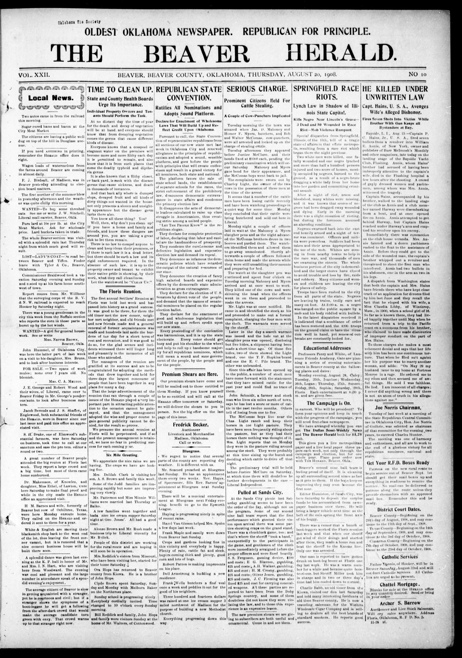 The Beaver Herald. (Beaver, Okla.), Vol. 22, No. 10, Ed. 1, Thursday, August 20, 1908
                                                
                                                    [Sequence #]: 1 of 8
                                                