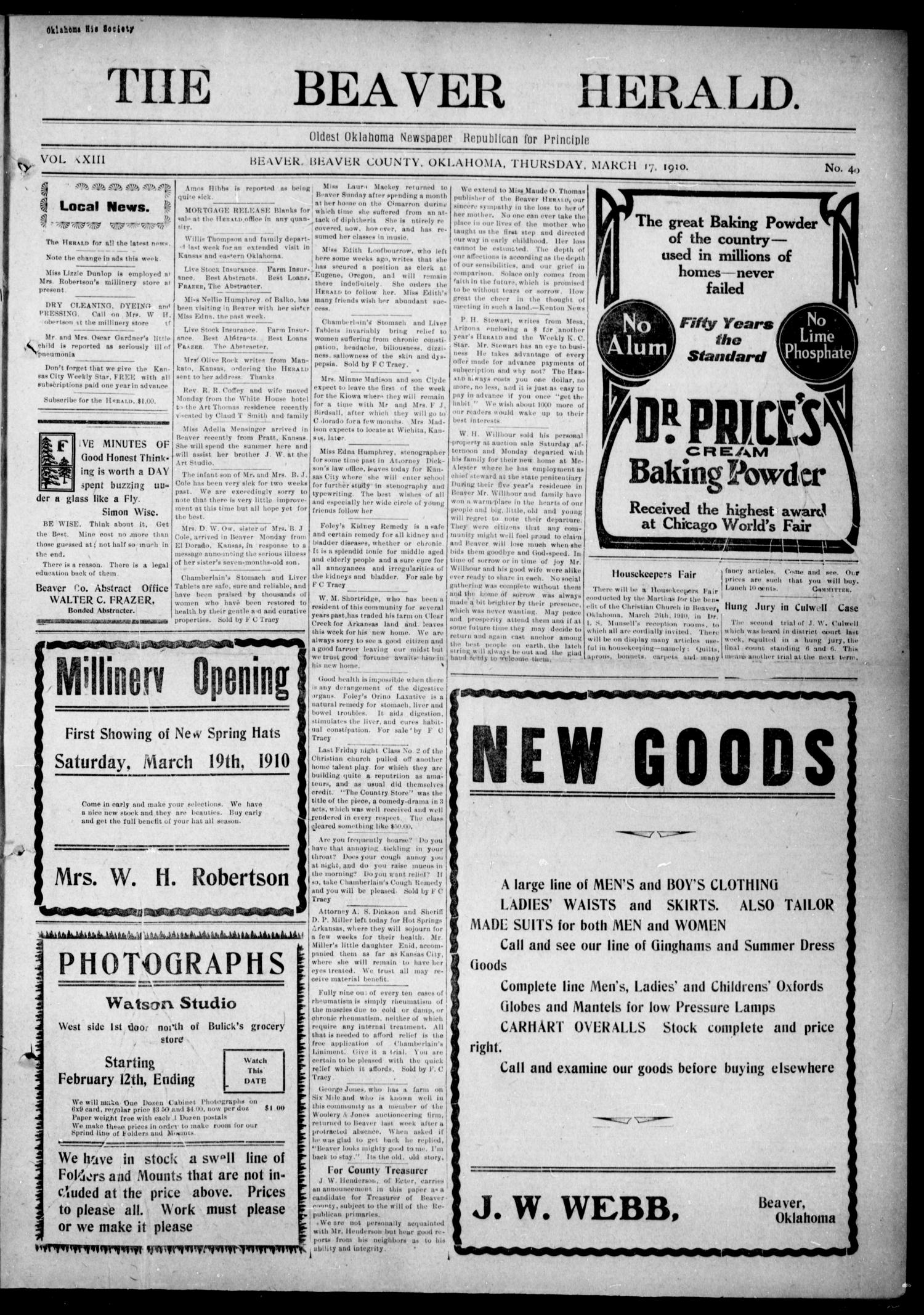 The Beaver Herald. (Beaver, Okla.), Vol. 23, No. 40, Ed. 1, Thursday, March 17, 1910
                                                
                                                    [Sequence #]: 1 of 8
                                                