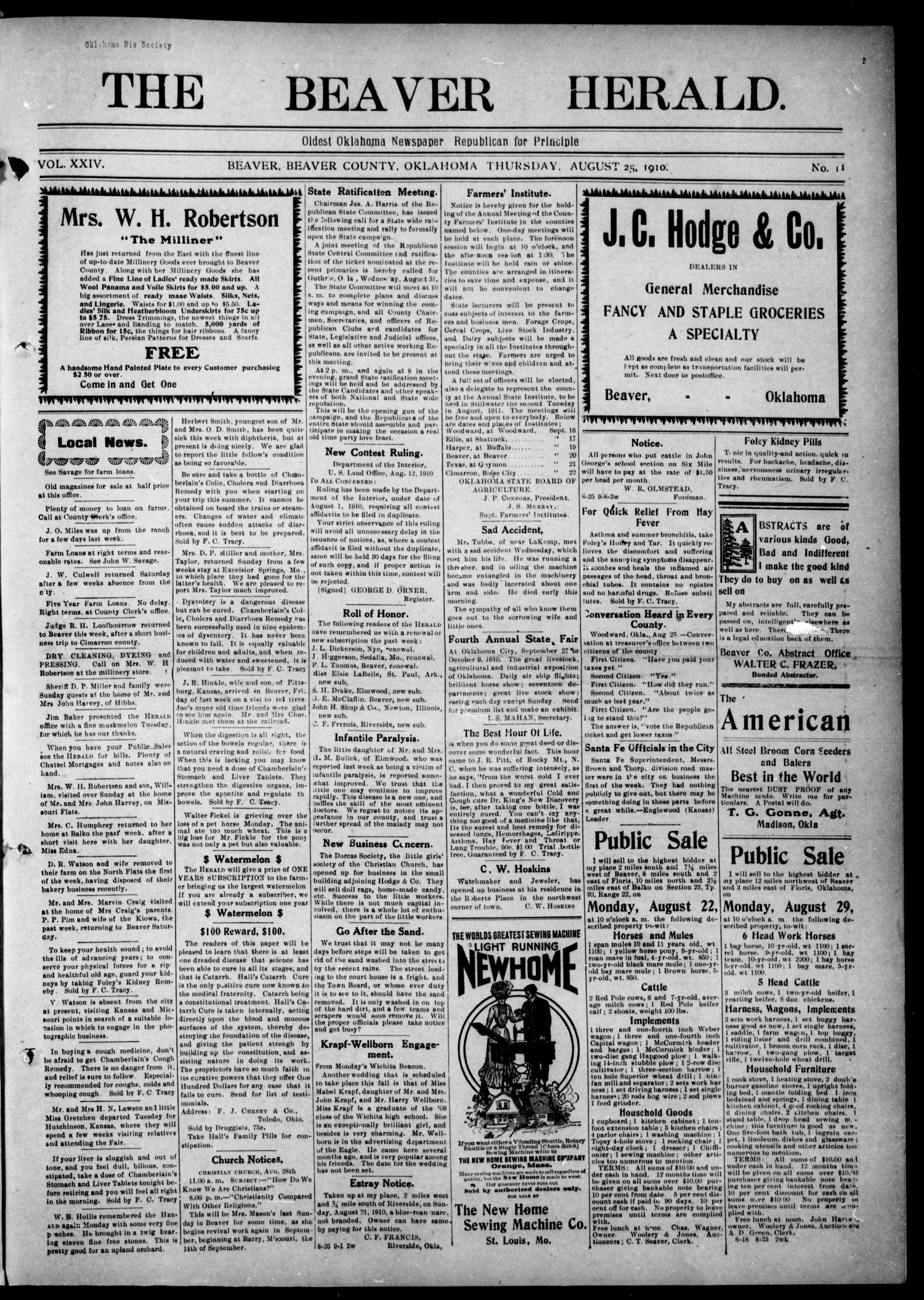 The Beaver Herald. (Beaver, Okla.), Vol. 24, No. 11, Ed. 1, Thursday, August 25, 1910
                                                
                                                    [Sequence #]: 1 of 8
                                                