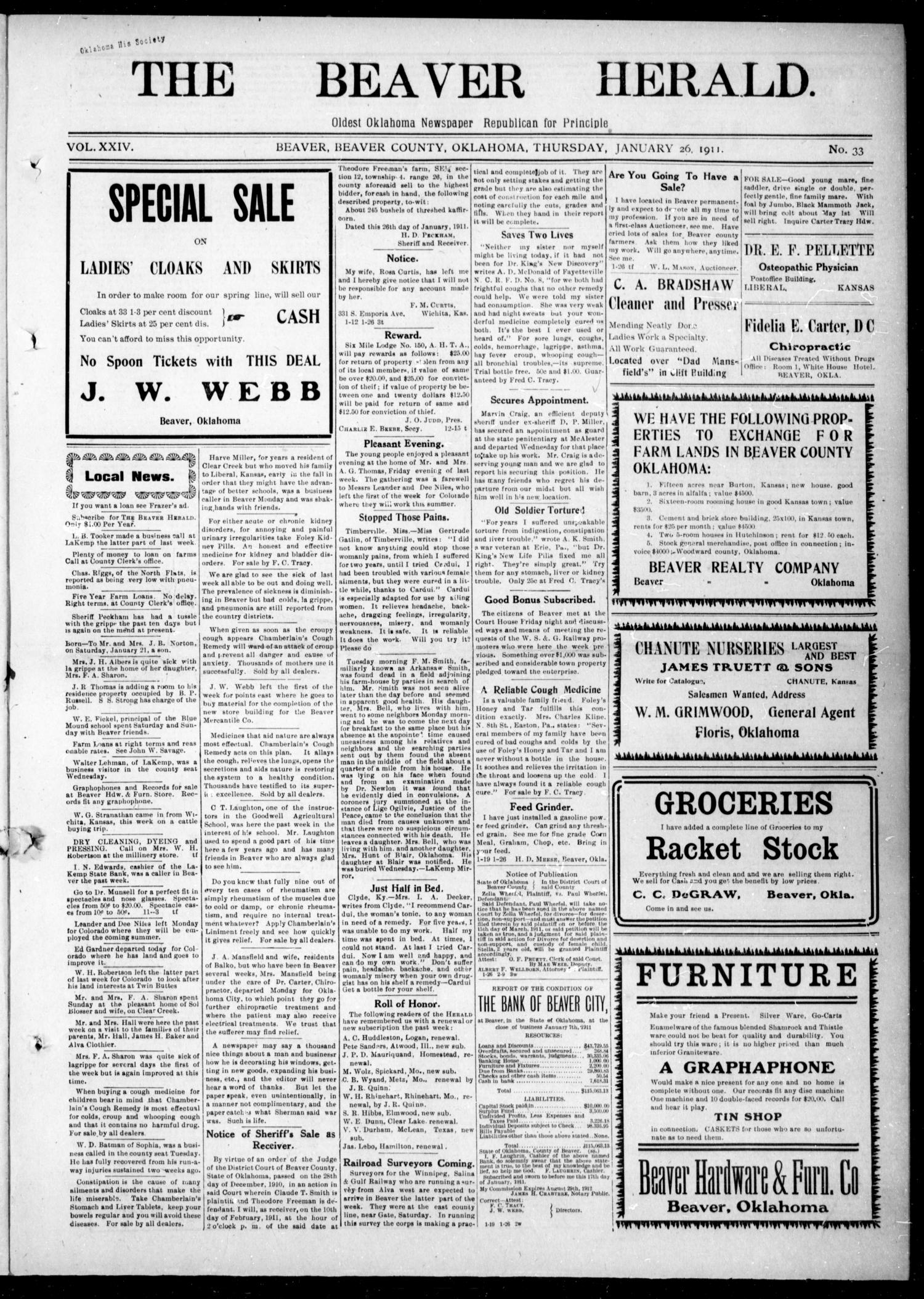 The Beaver Herald. (Beaver, Okla.), Vol. 24, No. 33, Ed. 1, Thursday, January 26, 1911
                                                
                                                    [Sequence #]: 1 of 8
                                                