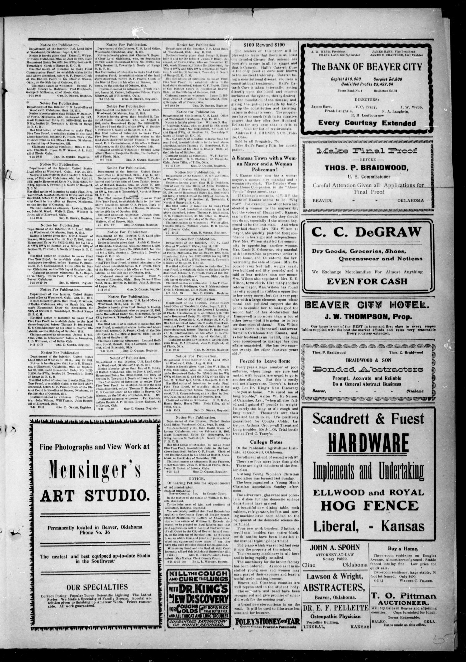 The Beaver Herald. (Beaver, Okla.), Vol. 25, No. 16, Ed. 1, Thursday, September 28, 1911
                                                
                                                    [Sequence #]: 5 of 8
                                                