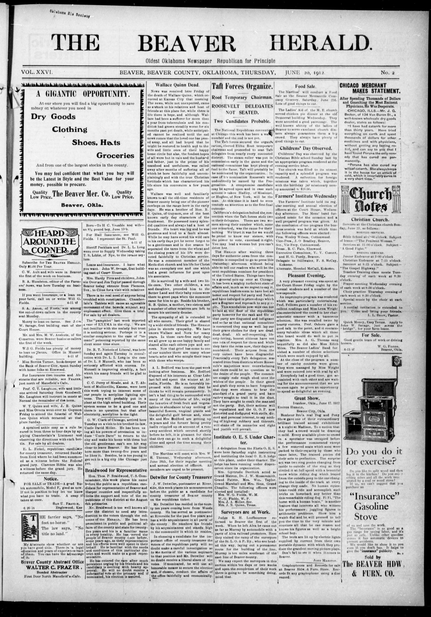 The Beaver Herald. (Beaver, Okla.), Vol. 26, No. 2, Ed. 1, Thursday, June 20, 1912
                                                
                                                    [Sequence #]: 1 of 4
                                                