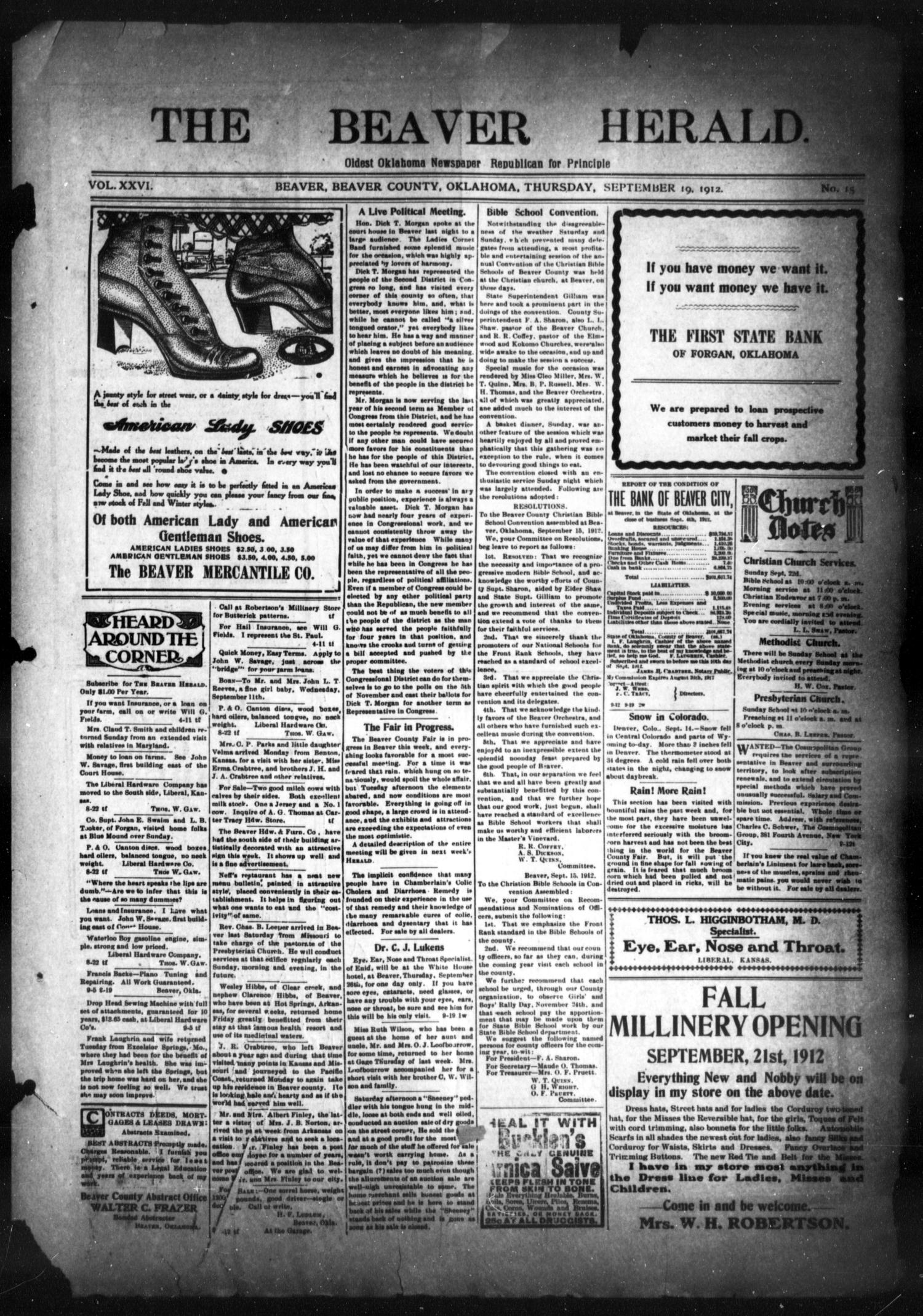 The Beaver Herald. (Beaver, Okla.), Vol. 26, No. 15, Ed. 1, Thursday, September 19, 1912
                                                
                                                    [Sequence #]: 1 of 4
                                                