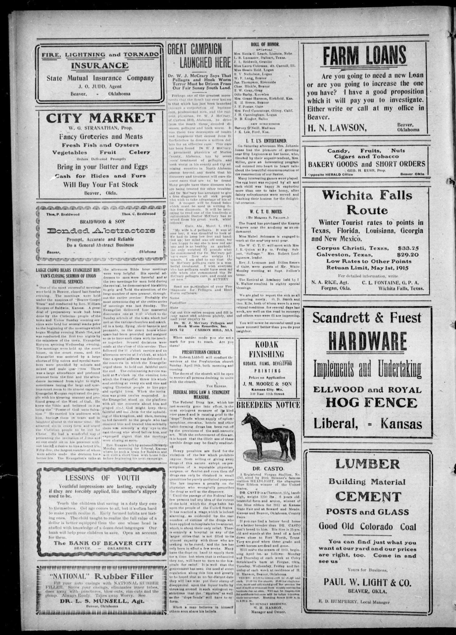 The Beaver Herald (Beaver, Okla.), Vol. 28, No. 45, Ed. 1, Thursday, April 15, 1915
                                                
                                                    [Sequence #]: 8 of 8
                                                