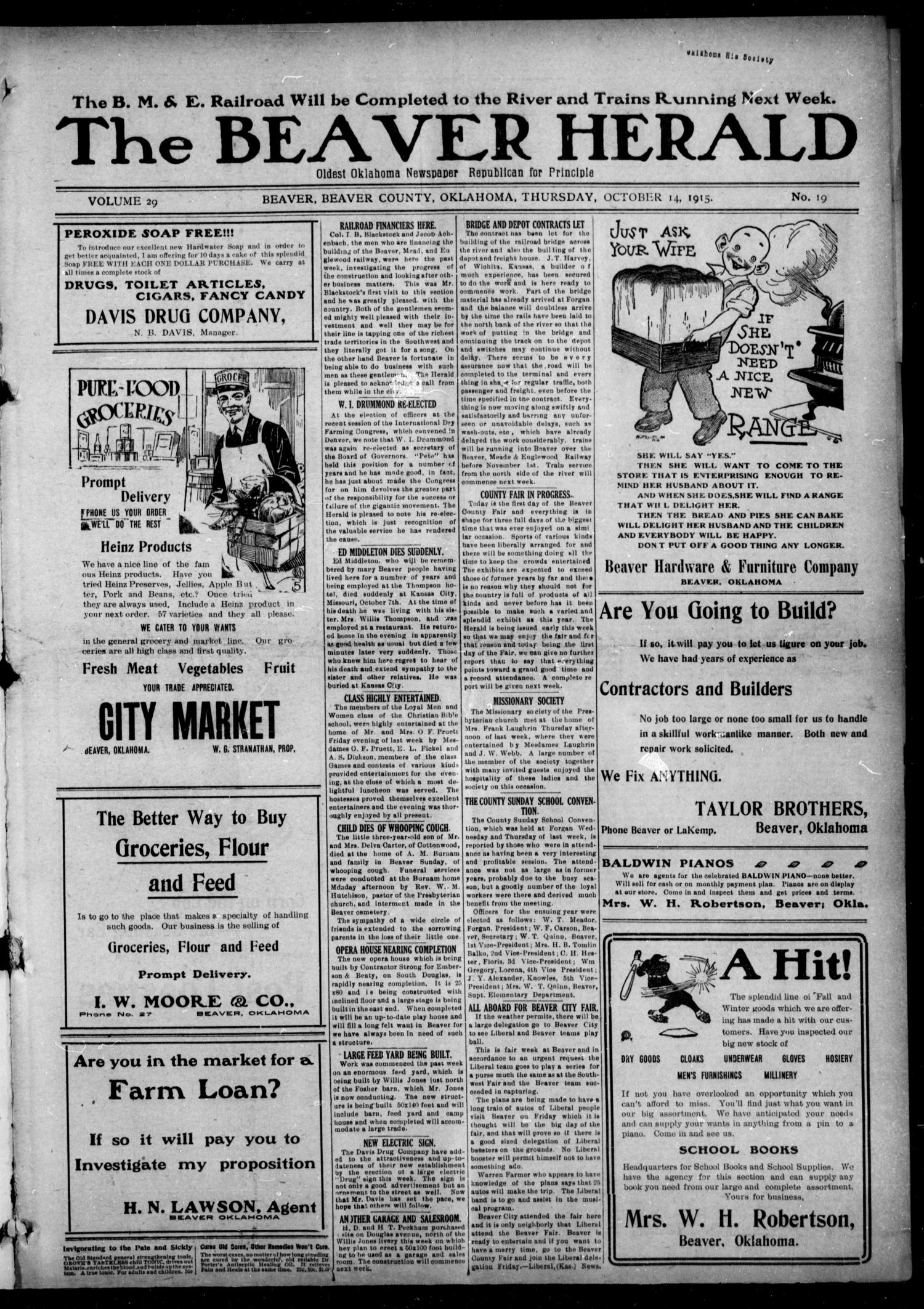 The Beaver Herald (Beaver, Okla.), Vol. 29, No. 19, Ed. 1, Thursday, October 14, 1915
                                                
                                                    [Sequence #]: 1 of 8
                                                