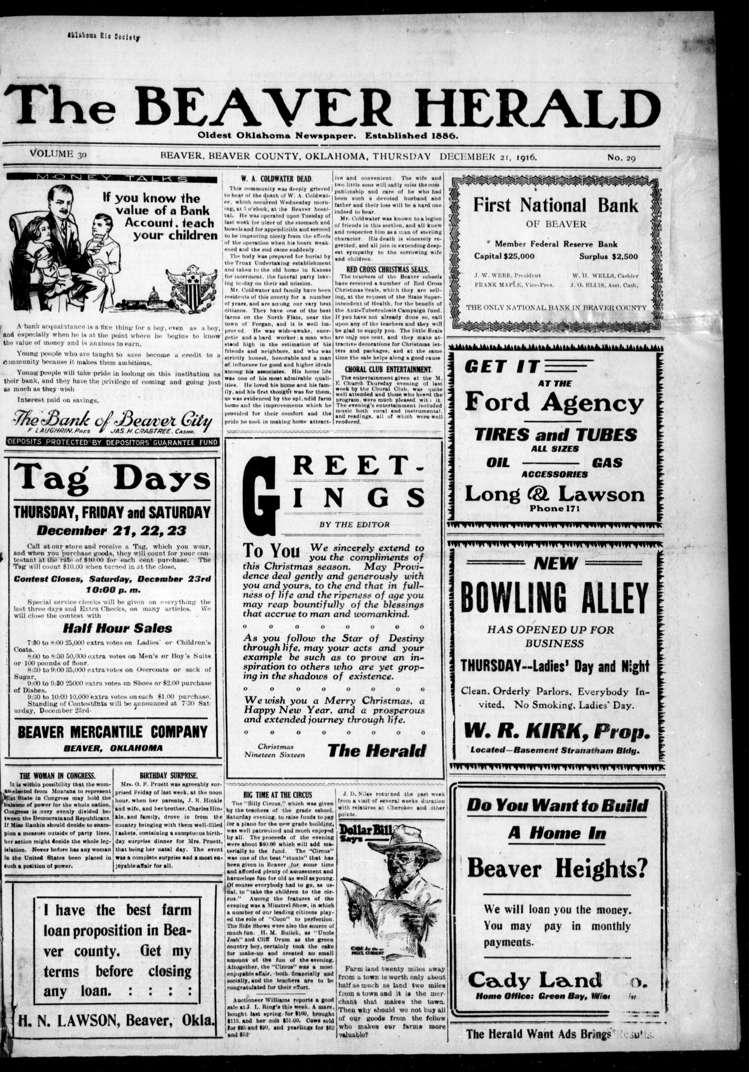 The Beaver Herald (Beaver, Okla.), Vol. 30, No. 29, Ed. 1, Thursday, December 21, 1916
                                                
                                                    [Sequence #]: 1 of 12
                                                
