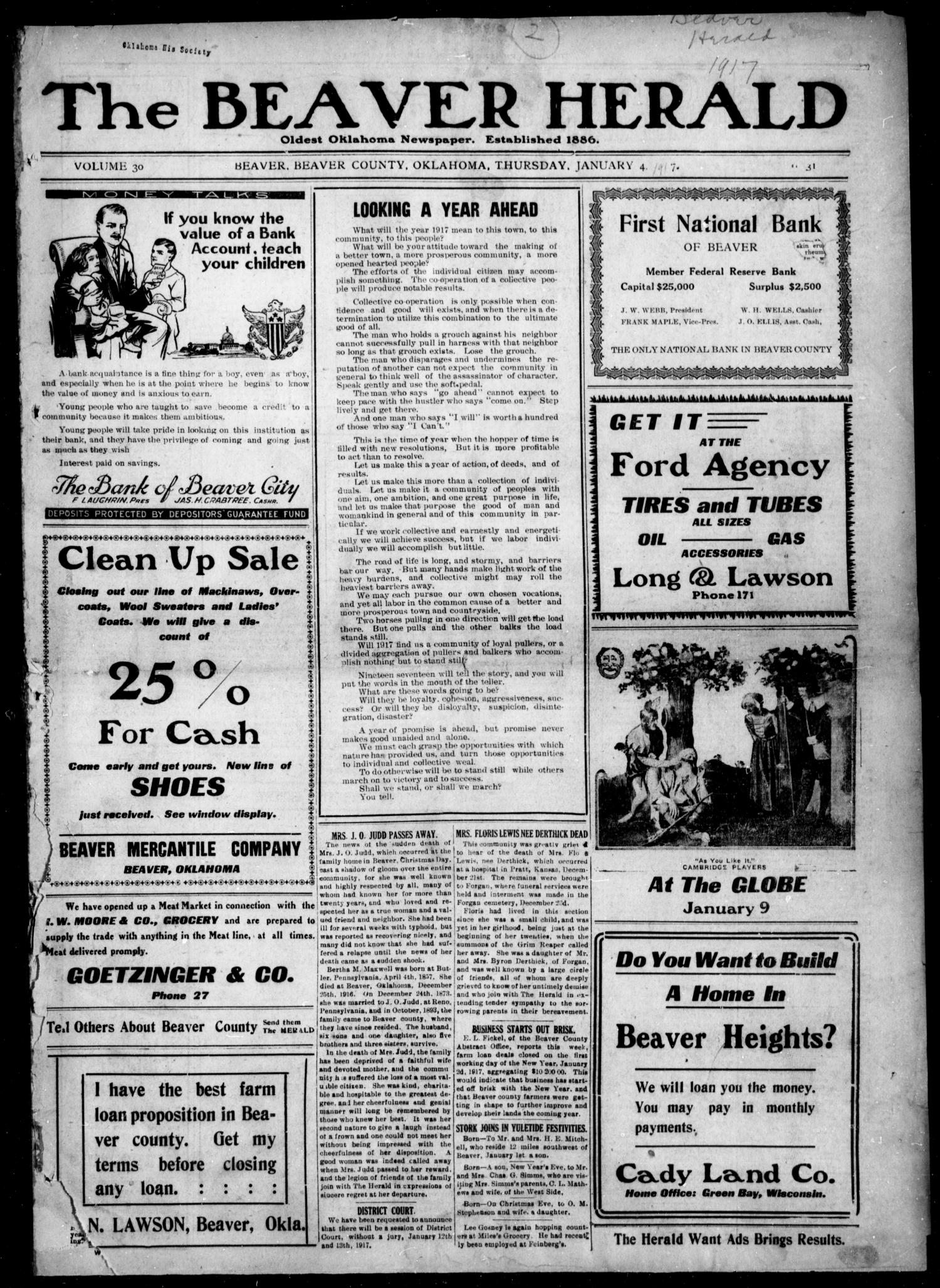 The Beaver Herald (Beaver, Okla.), Vol. 30, No. 31, Ed. 1, Thursday, January 4, 1917
                                                
                                                    [Sequence #]: 1 of 16
                                                